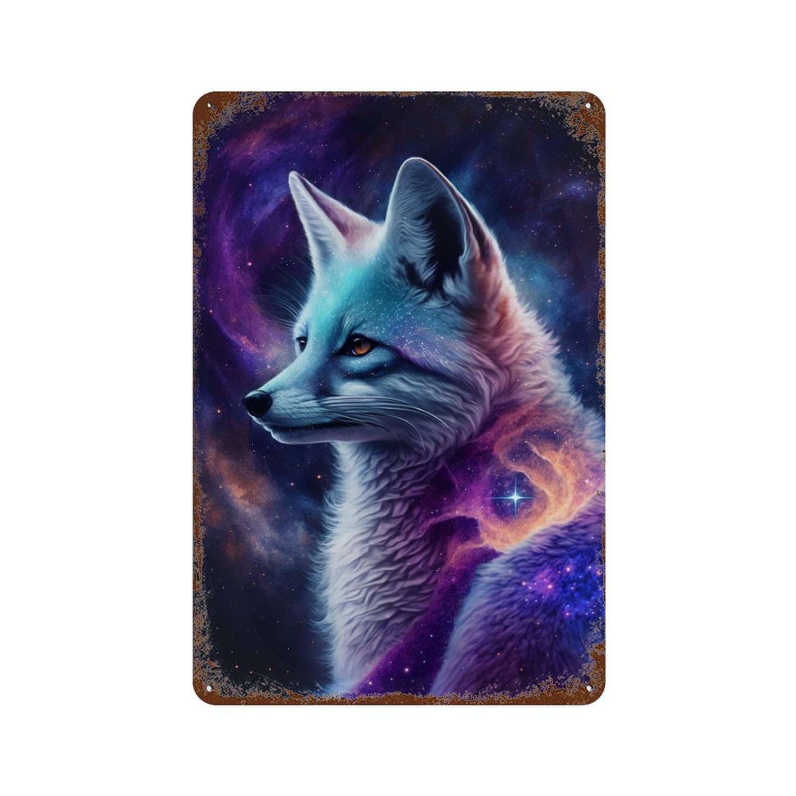 Rust Effect Cosmic Fox Art Print-1 Vintage Metal Tin Sign 11.8"x7.9", Vintage Wall Decor for Office, Studio And Wall Decor