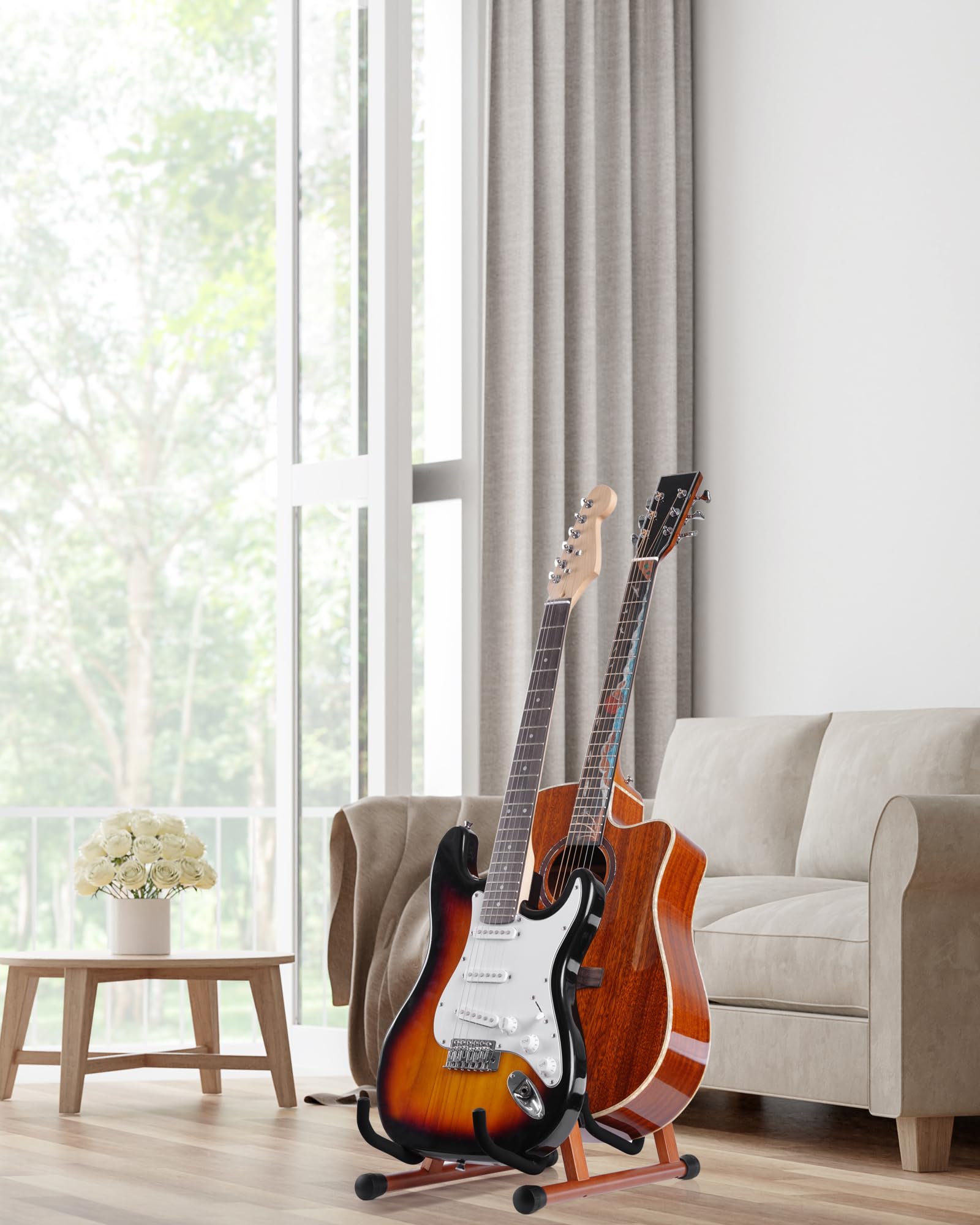 Double support de guitare en forme de A pour 2 guitares (acoustique/basse/banjo) avec rembourrage en mousse – Support de sol solide pour studio et maison