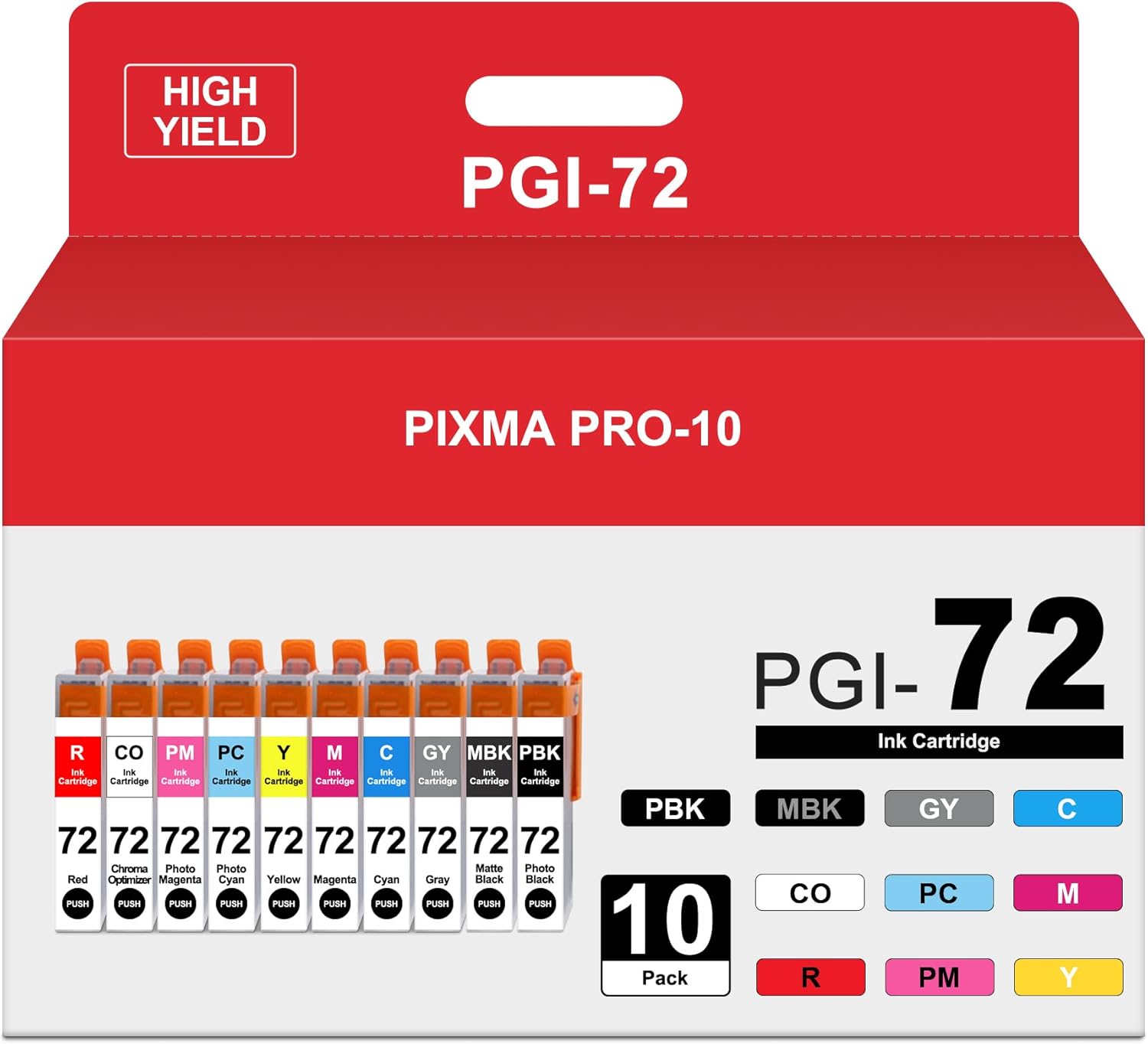 PGI-72 Ink Cartridges 10 Color Pack Replacement for Canon PGI-72 PGI72 PGI 72 High Yield PIXMA PRO-10 Ink Cartridges Work with PIXMA Pro-10 Pro-10s Printer (Total 10 Pack MBK/PBK/C/M/Y/PM/PC/R/GY/CO)