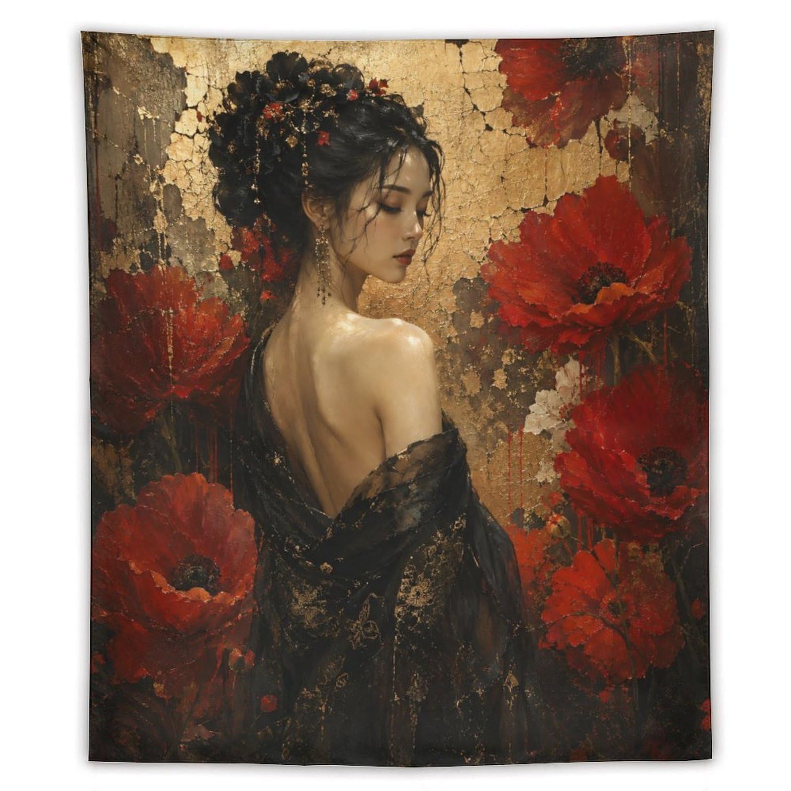 W7C8U2X3 Vintage Red Poppy Woman Wall Tapestry, Oil Painting, Office
