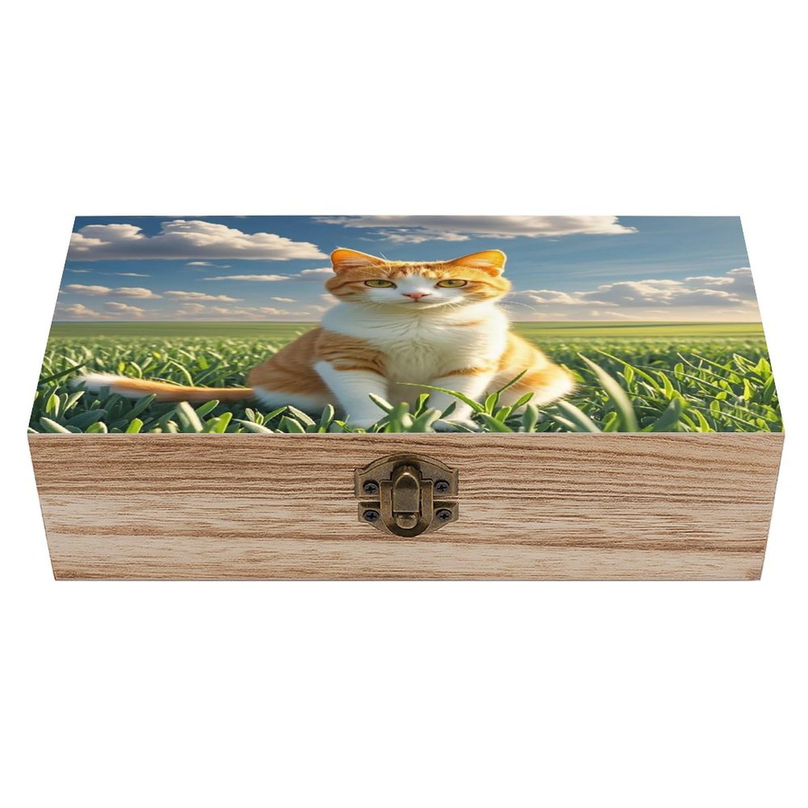FekiLoot Cat Sitting in Green Field Wooden Storage Box Exquisite Wood Keepsake Box Vintage Wooden Gift Jewelry Case for Crafts And Photo Storage Boxes