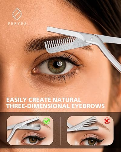 Miniatura 5 de FERYES Tijeras recortadoras de cejas con peines, tijeras de acero inoxidable y peine en uno, tijeras de precisión para recortar cejas para mujeres y