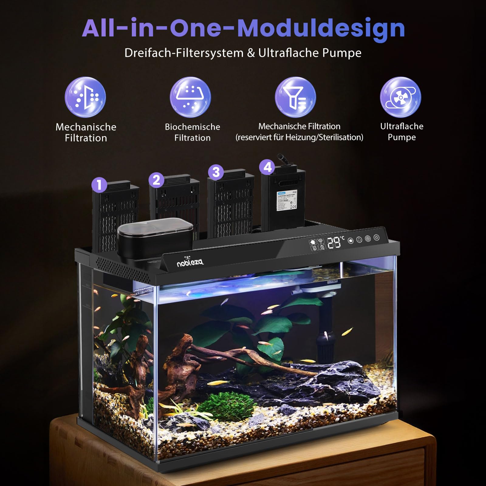 Nobleza Smart Aquarium 30L, WiFi Aquarium Set Komplett mit App-Steuerung, EIN-klick-Wasserwechsel, Automatischer Fütterer, Ultra-Weiß-Glas Nano Aquarium für Anfänger & Büro, 44x24x28.5cm |