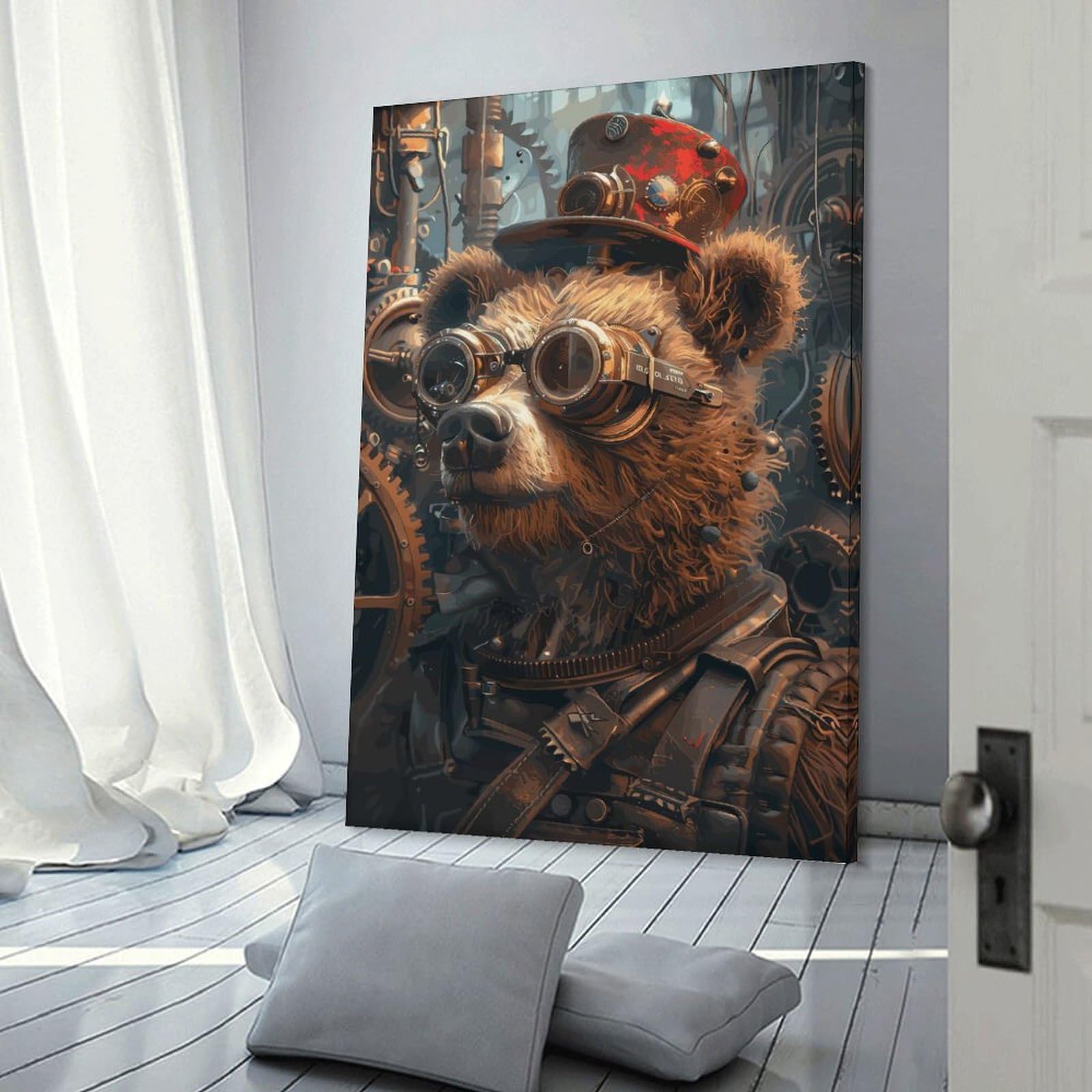Junmoney Canvas Wall Decor Steampunk Bear Animal, 12x18inch(30x45cm), for Gallery Wall Layouts in Home Or Office, Home Wall Art for Statement Displays