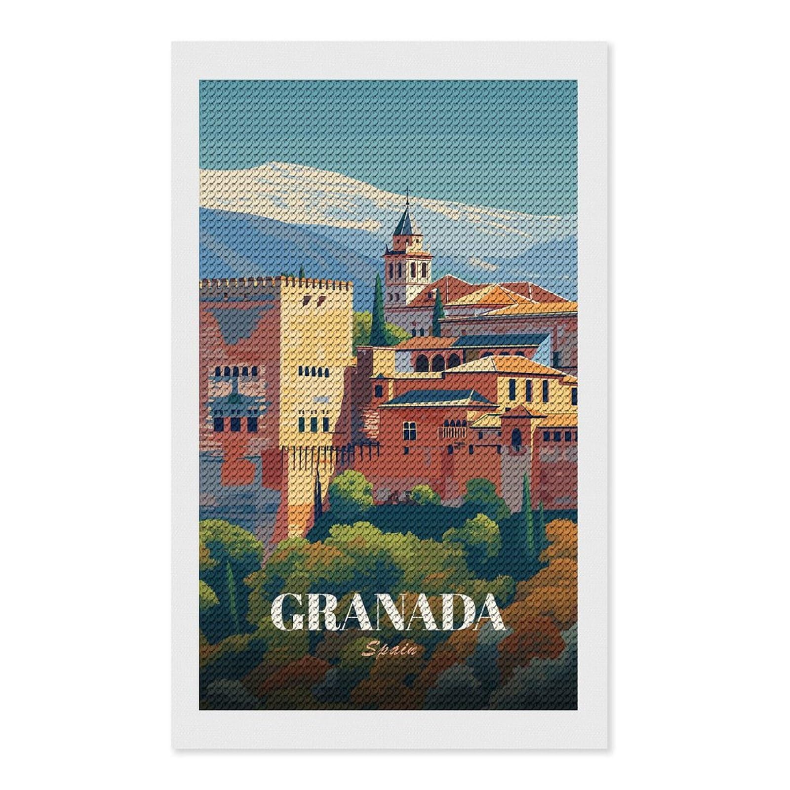 Junmoney Granada, Spain Travel DIY Diamond Art Canvas Kit 12"x20", Adhesive Canvas, Easy to Enjoy, Farmhouse Decor, Festive Craft Gift