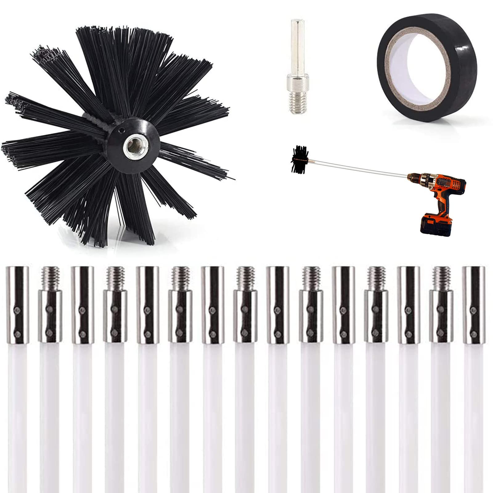 Kit Spazzacamino 2.4/3.6/4.9/6M Spazzola Canna Fumaria Spazzola Pulizia Camino Estensibili con Aste Flessibili Set di Spazzole per Camino per Tubi Ventilazione Camino Grondaia,20FT