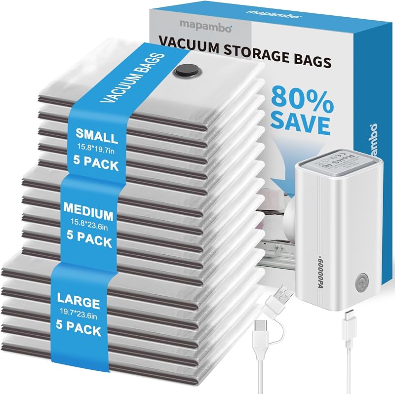 15 Pack Vacuum Seal Bags for Clothing Travel with -60000Pa USB Pump, Save 80% of Space for Clothes (15 Combo Size)