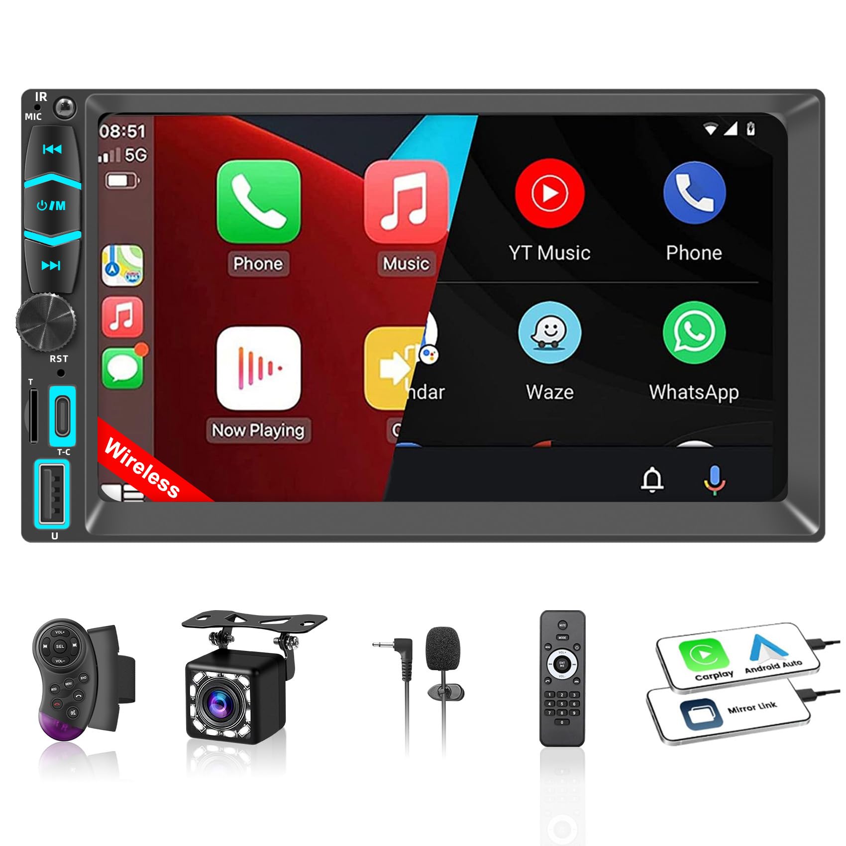 Photo 1 of **UNTESTED**
Double Din Car Stereo with 7" HD Touchscreen, Wireless Apple Carplay & Android Auto, Backup Camera, Bluetooth, SWC, Mirror Link, Type-C, FM/AM Car Radio Receiver