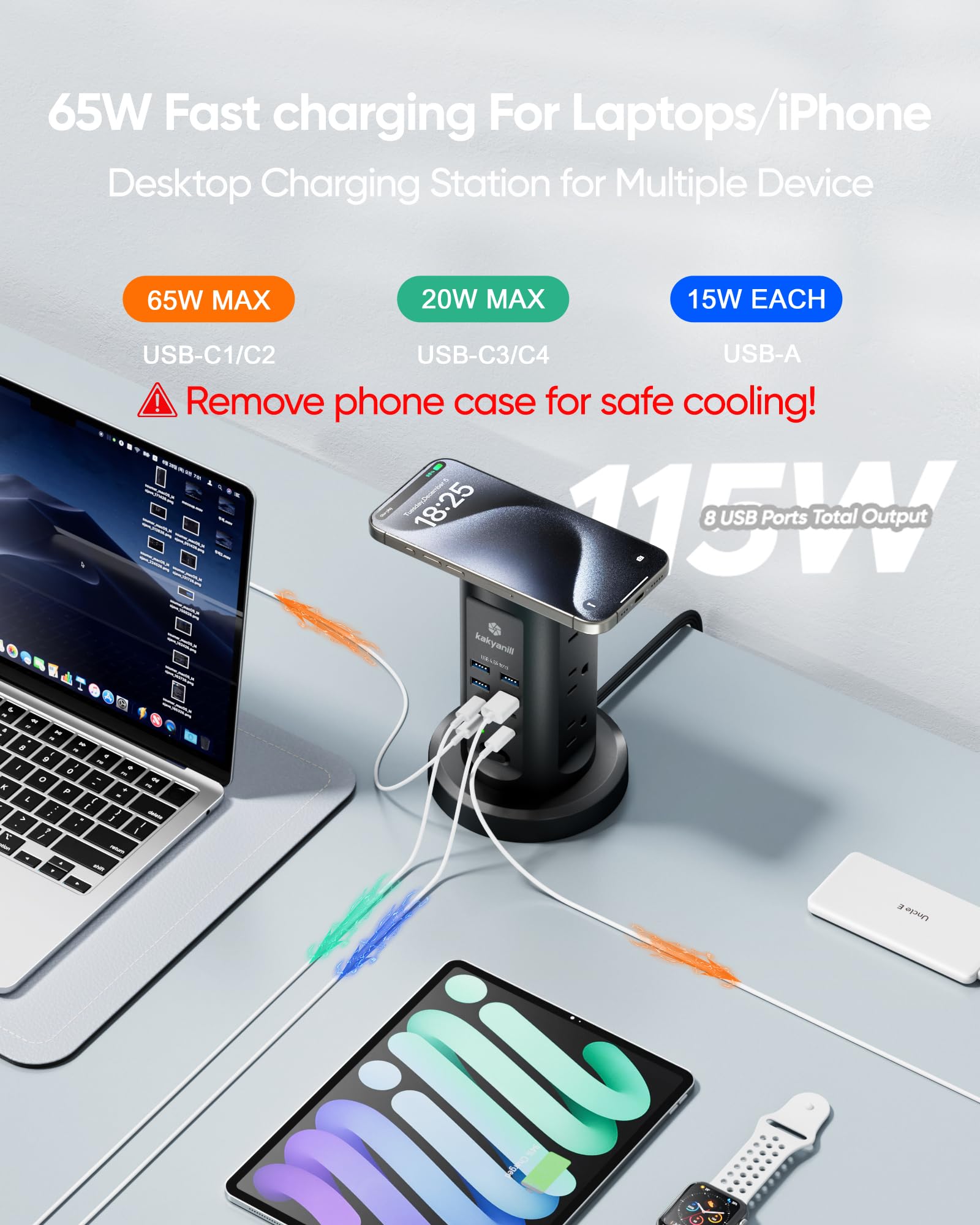 Kakyanill Stacja ładująca USB 115 W, listwa zasilająca z ochroną przeciwprzepięciową, 9 gniazd AC z 8 portami USB (4 USB-C), płaska, wysuwany przewód przedłużający
