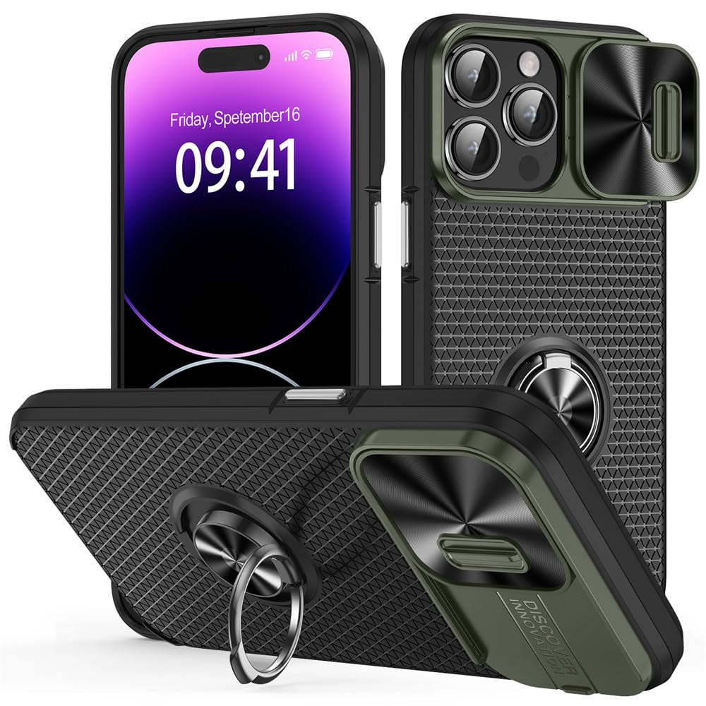 Funda de silicona para iPhone XR con protector de cámara deslizante y anillo en verde militar 7