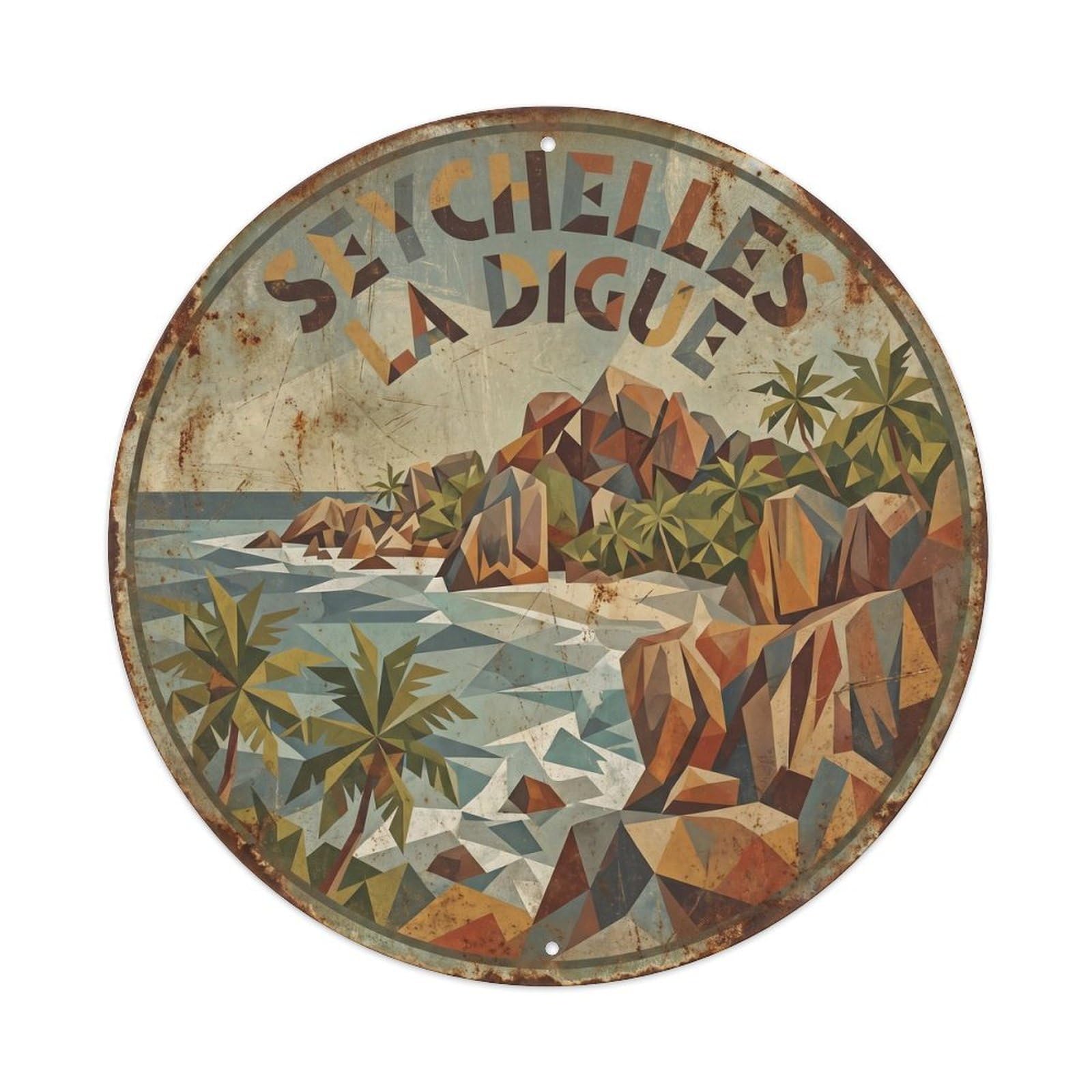Seychelles La Digue Indian Ocean Modern Cubist Metal Tin Sign