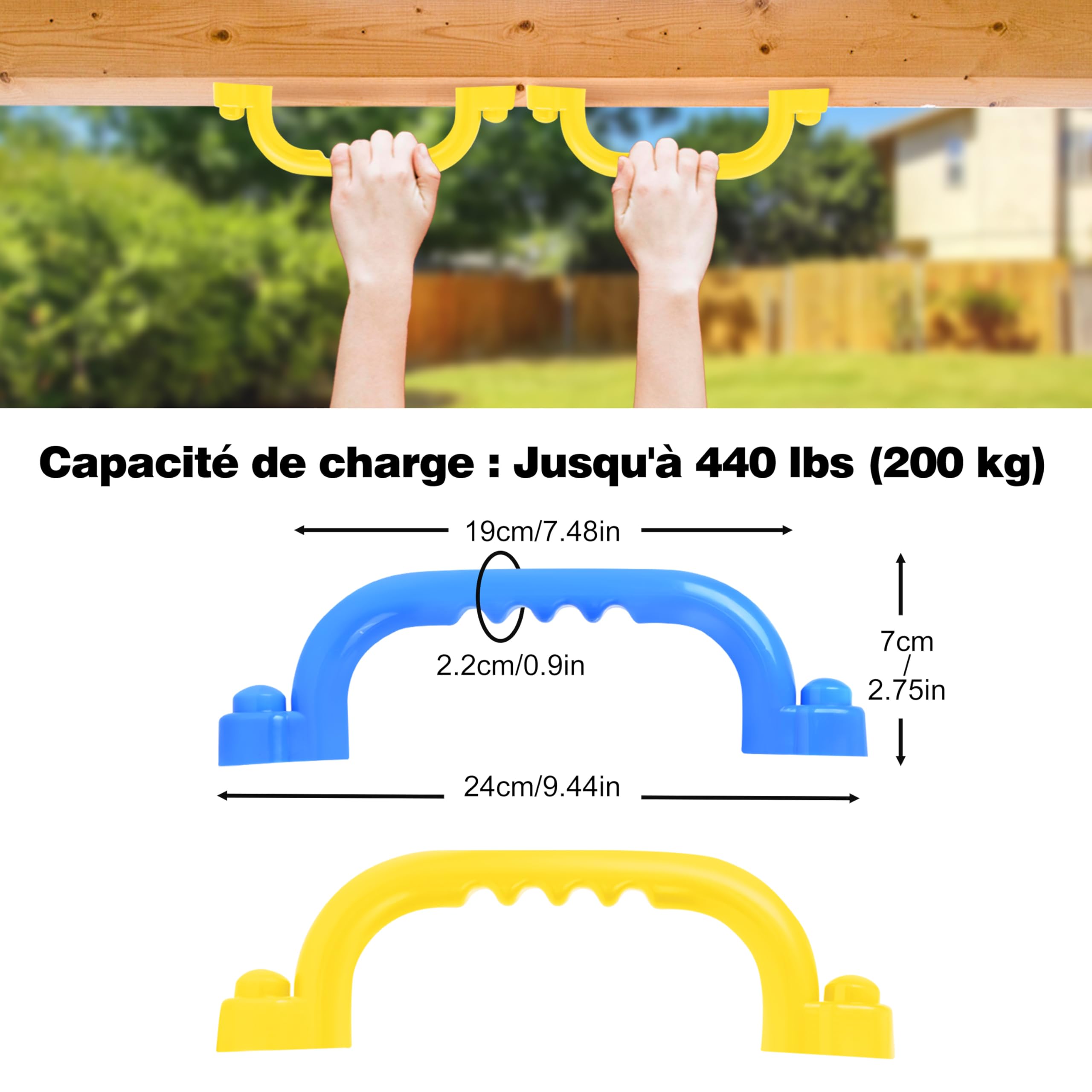 JONRRYIN 4PCS Poignées pour Aires de Jeux, Poignée d'escalade Enfant, Poignées de Sécurité en Plastique Antidérapant pour Tour de Jeu et Cadre d'escalade Intérieur et Extérieur (4pcs-Jaune et Bleu)