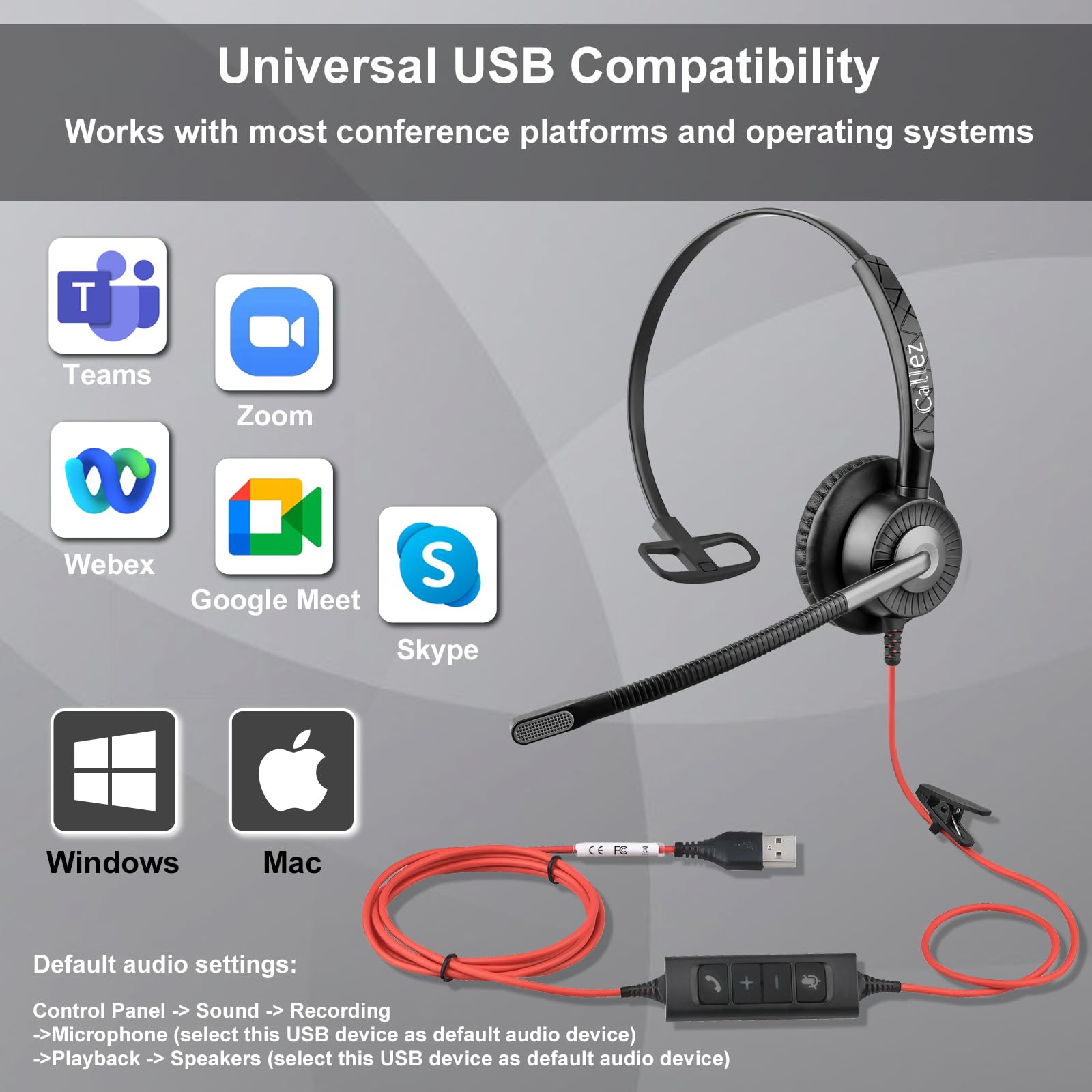 Callez G700TA - Auriculares USB con micrófono con cancelación de ruido, auriculares con cable para PC portátil (Windows/Mac) Teams Zoom Skype ligeros y cómodos para oficina en casa