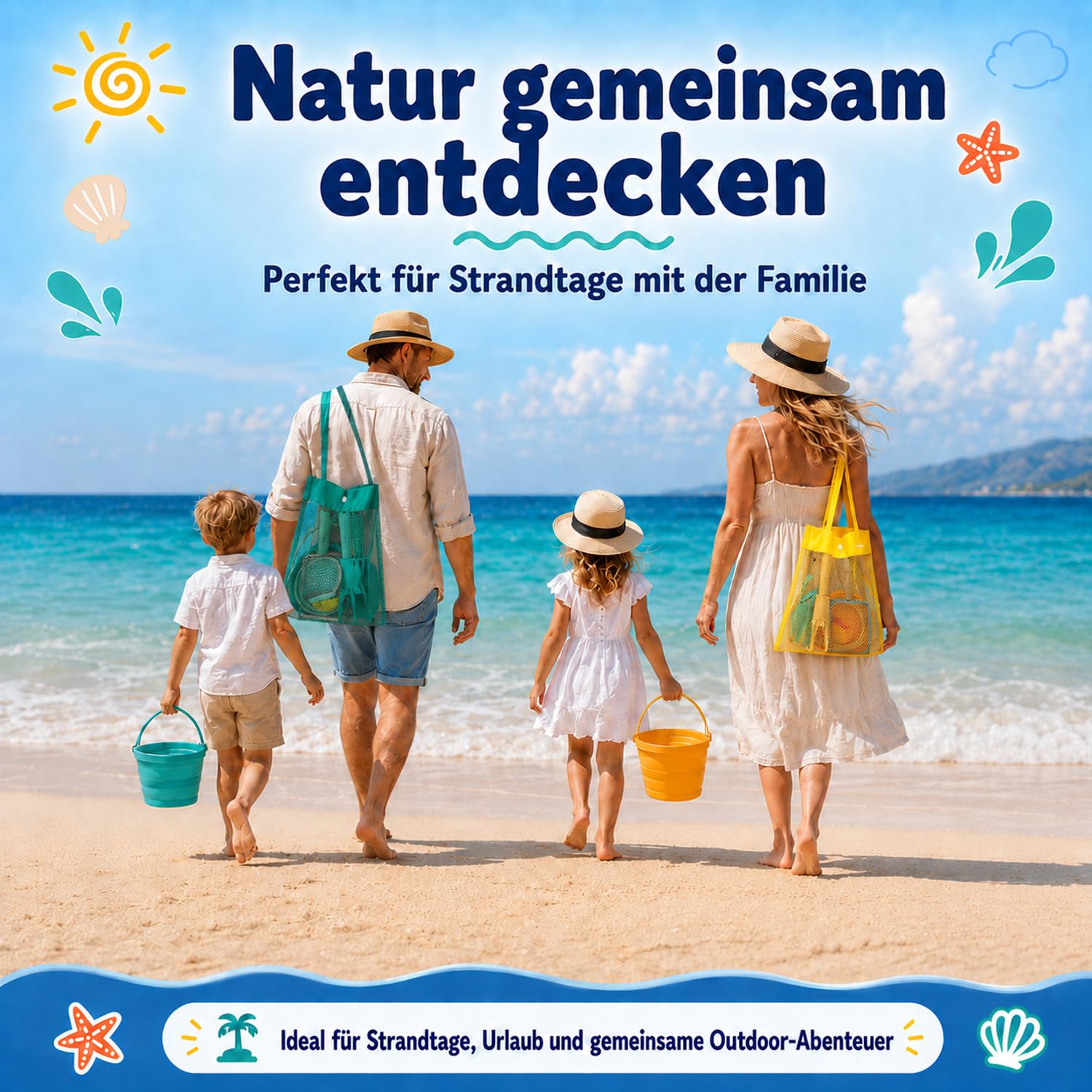 Sandspielzeug Set Kinder 14-teilig, Strandspielzeug mit 2 faltbaren Eimern, Schaufeln, Rechen, Sandsieben, Netzbeuteln & Sandformen, Sandkastenspielzeug für Strand Urlaub ab 3 Jahren