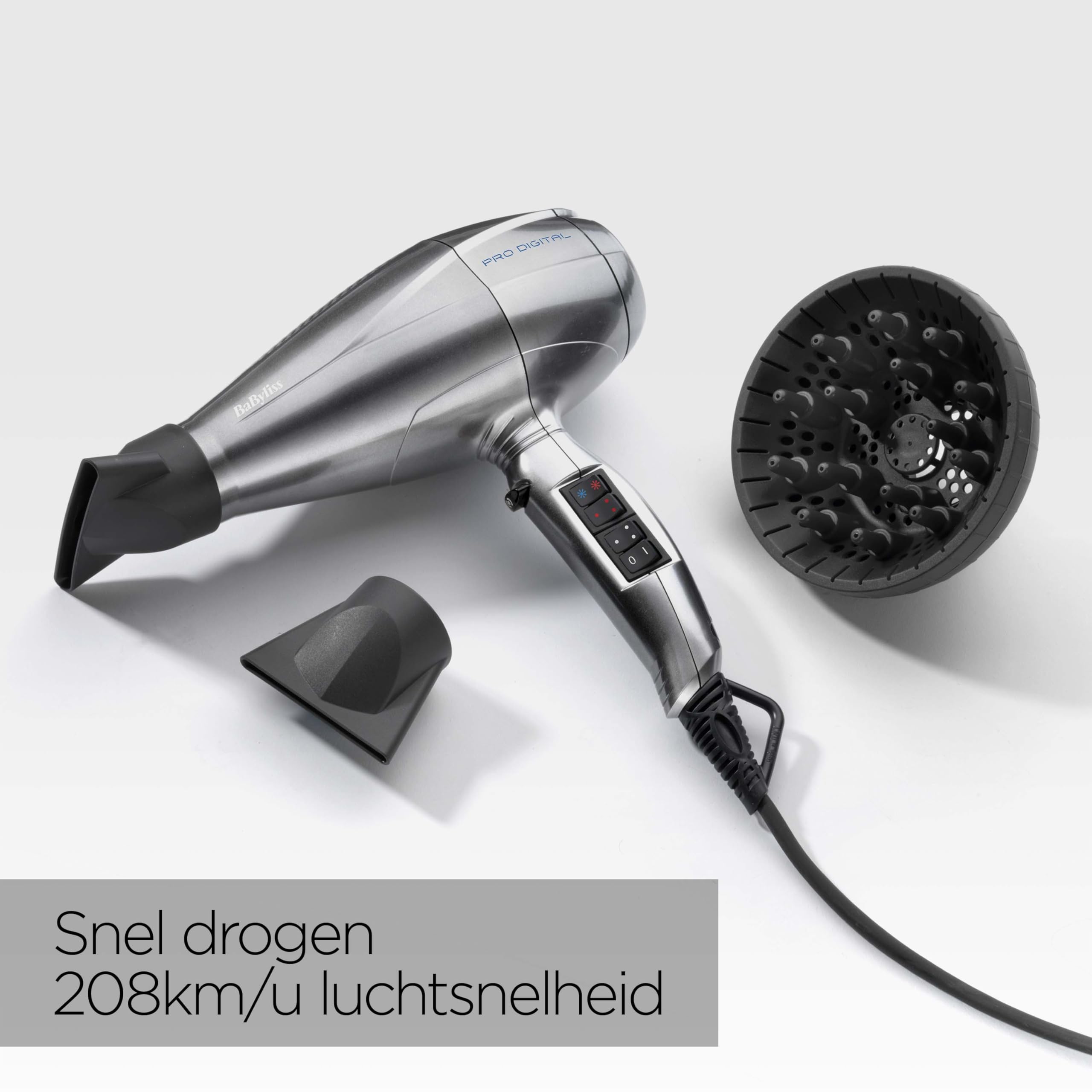 Suszarka do włosów BaByliss Pro Digital z dyfuzorem - 2200 W Ultra-szybka profesjonalna suszarka z jonizacją, wyprodukowana we Włoszech, 3 ustawienia temperatury i 2 prędkości, srebrna, 6000E