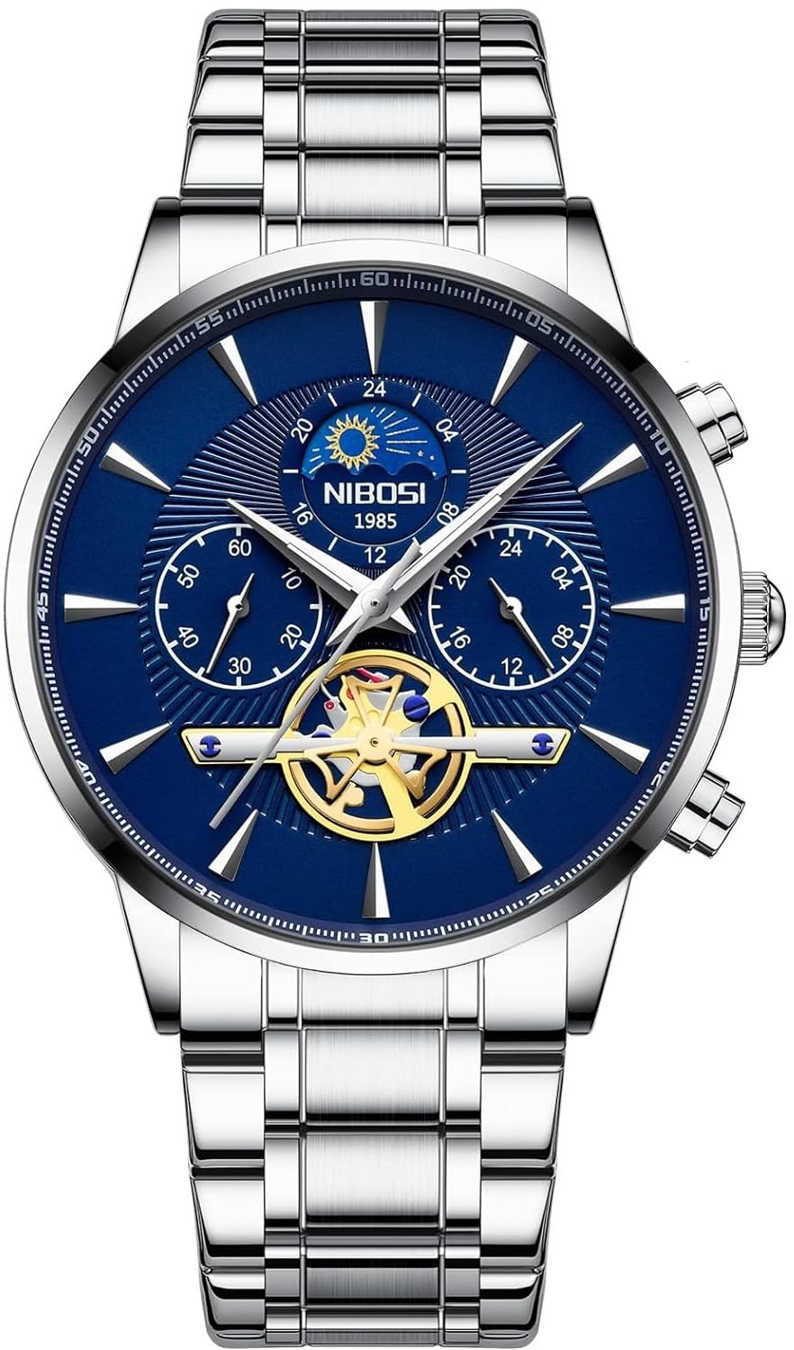 NIBOSI Hollow Dial Stainless Steel Strap Men Watch Luminous Chronograph Wrist Watches for Men (Silver Blue) (B0BSXNSX22) Amazon Price History, Amazon Price Tracker