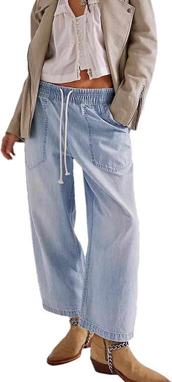 Zontroldy Womens Drawstring Mid Waisted Wide Leg Jeans Loose Fit Straight Leg Denim Pants with Pockets