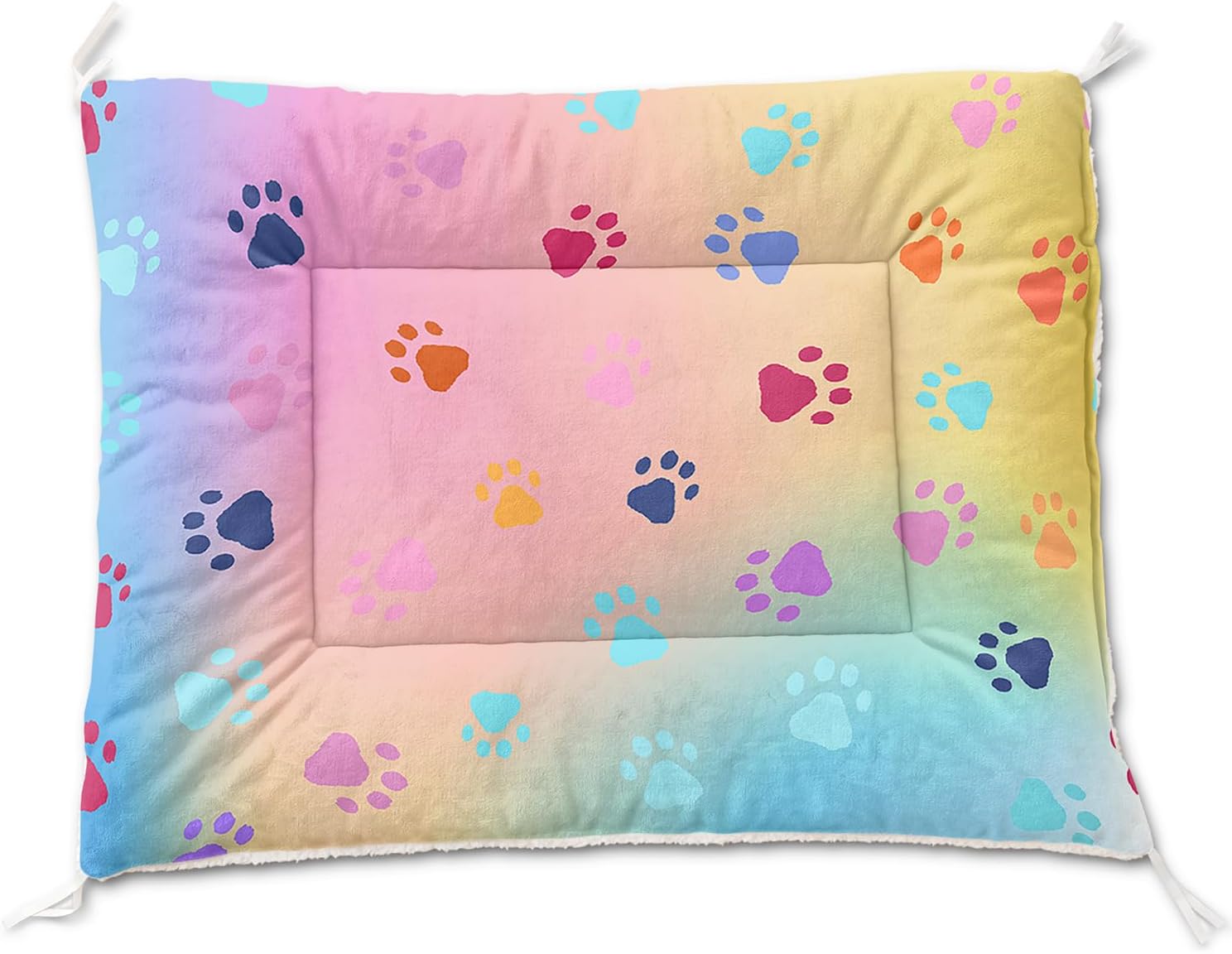 Rainbow Paw Print Dog Bed Mat - Soft Fleece Crate Pad for Dogs & Cats - Washable Kennel Bed Liner - Cute Puppy Kitten Cushion - Anti-Slip Pet Sleeping Mat (L)
