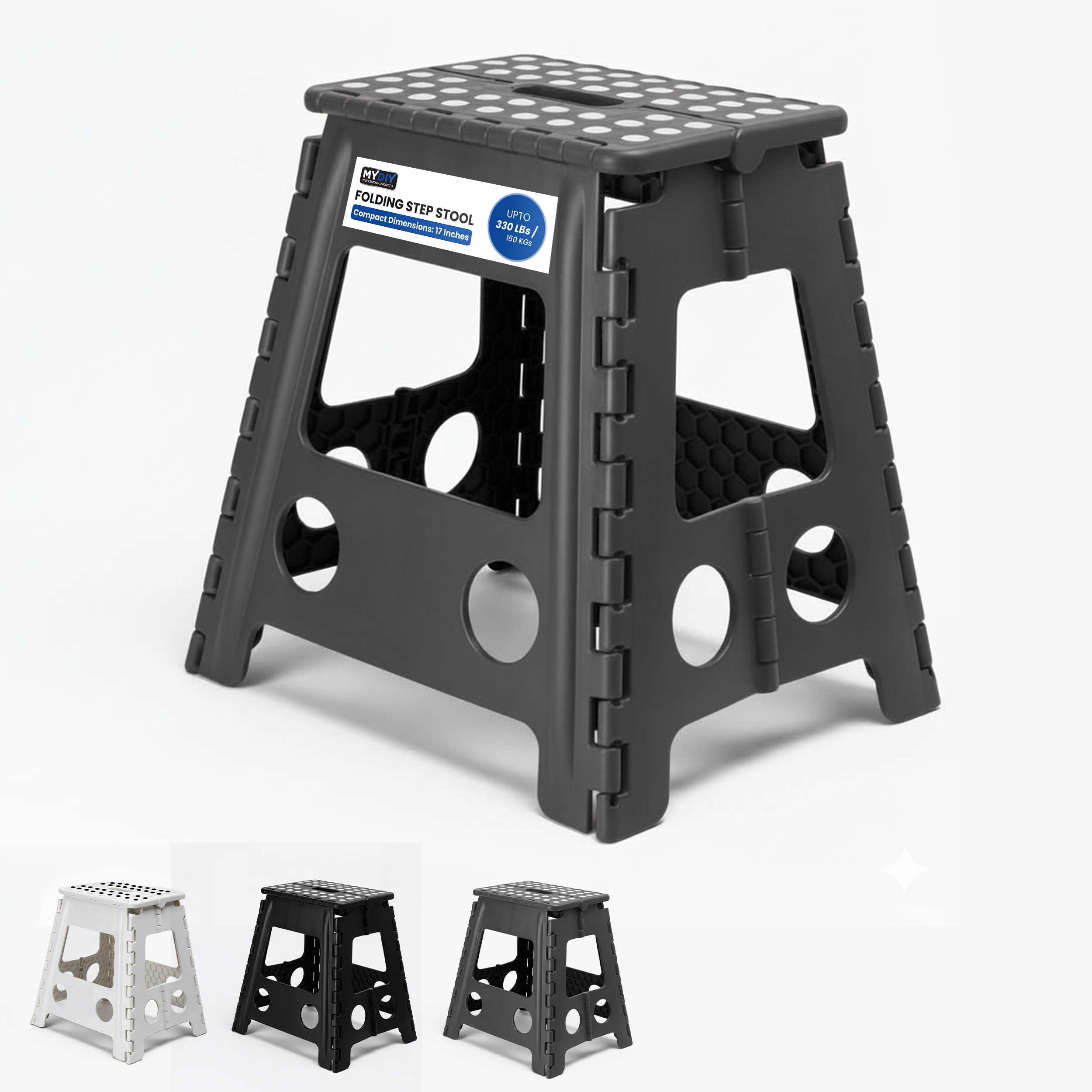 MY DIY Folding Step Stool 17 Inch (45cm) Lightweight Heavy Duty Strong Plastic Stool For Kids & Adults With Easy Carry Handle 150KG Weight Capacity Portable Footstool (Grey)