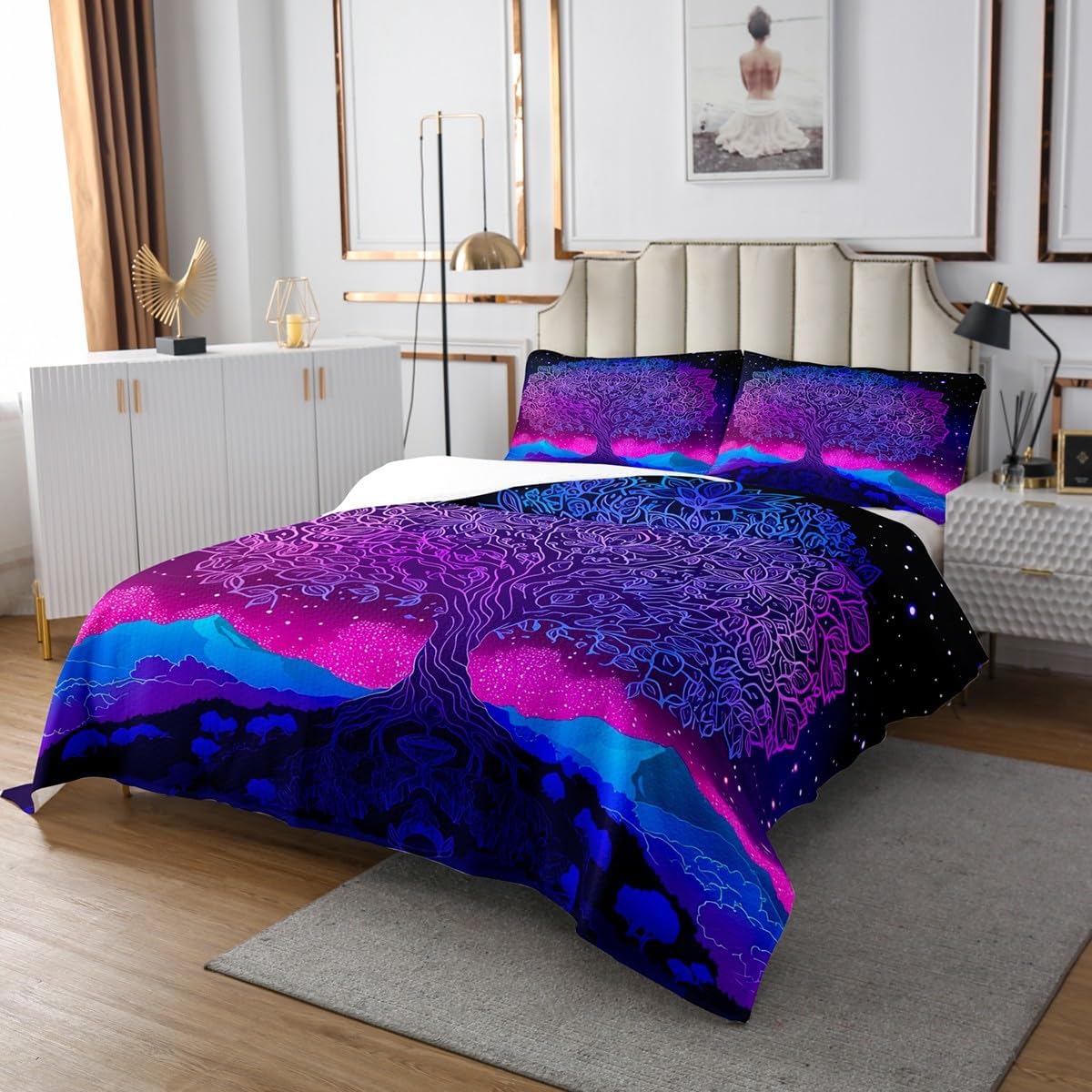 Erosebridal Tree of Life Bedspread Aesthetic Butterfly Quilted King,Psychedelic Gradient Blue Purple Coverlet Set Exotic Starry Sky Quilt Set Multicolor Bohemian Galaxy Bedroom Decor