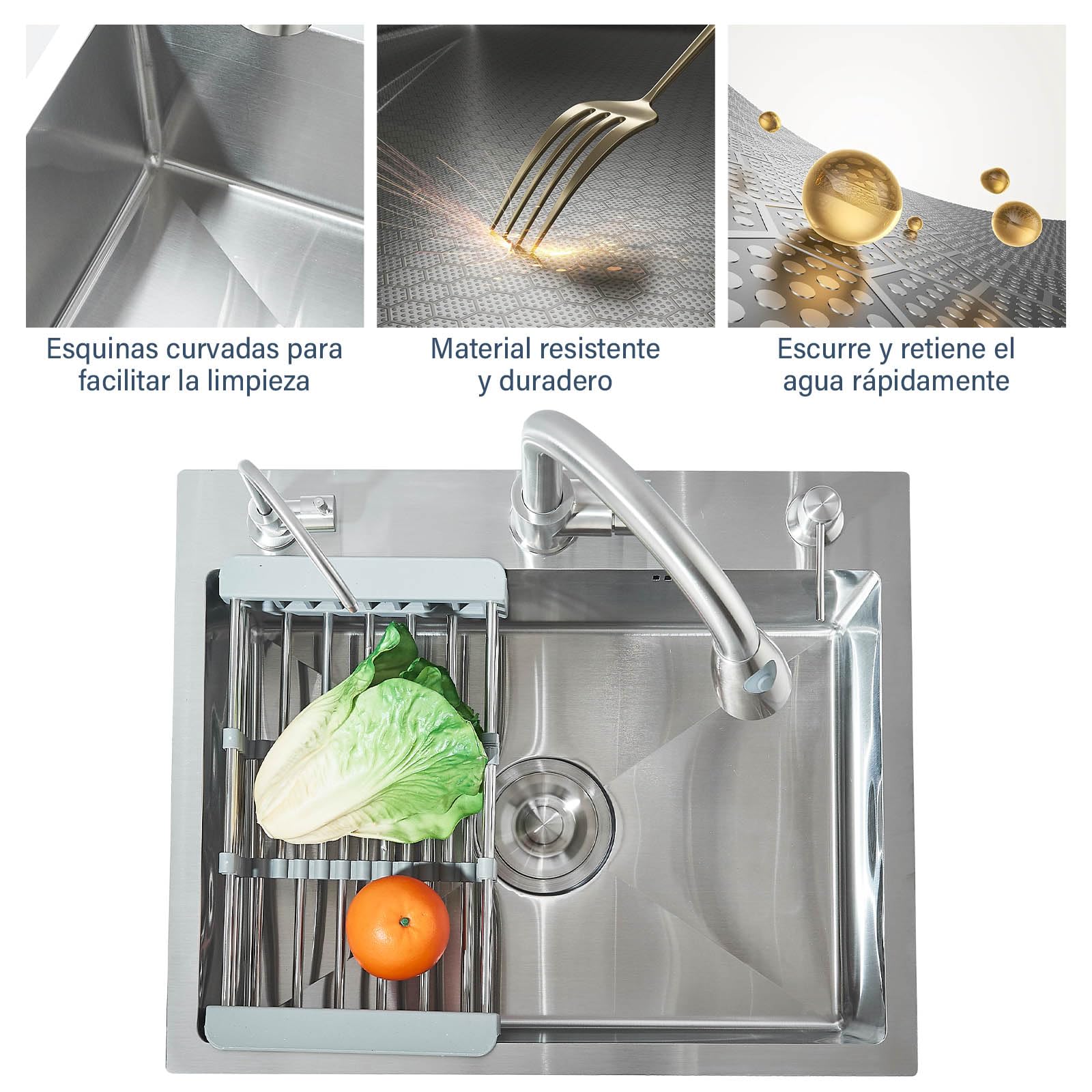Fregadero de Cocina de Acero Inoxidable con Grifo Extraíble, Dispensador de Agua Pura y Jabón Líquido, Fregadero de Cocina de Acero Inoxidable Cepillado (55 cm × 45 cm)