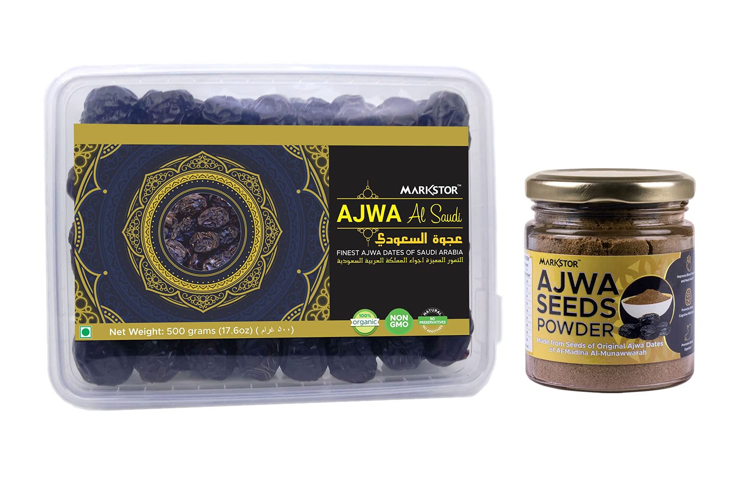 Markstor Fresh Ajwa Al-Saudi Dates (500g) with Ajwa Seeds Powder (100g)