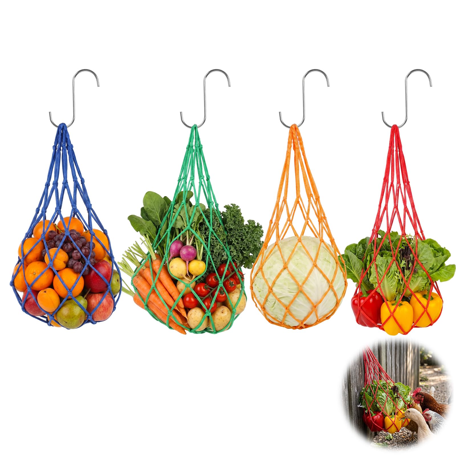 Red de Alimentación para Pollos Colgante - Pack de 4 Bolsas de Malla de Nailon Reutilizables con 4 Ganchos en S - Dispensador de Frutas y Verduras para Gallinas, Patos, Gansos y Más
