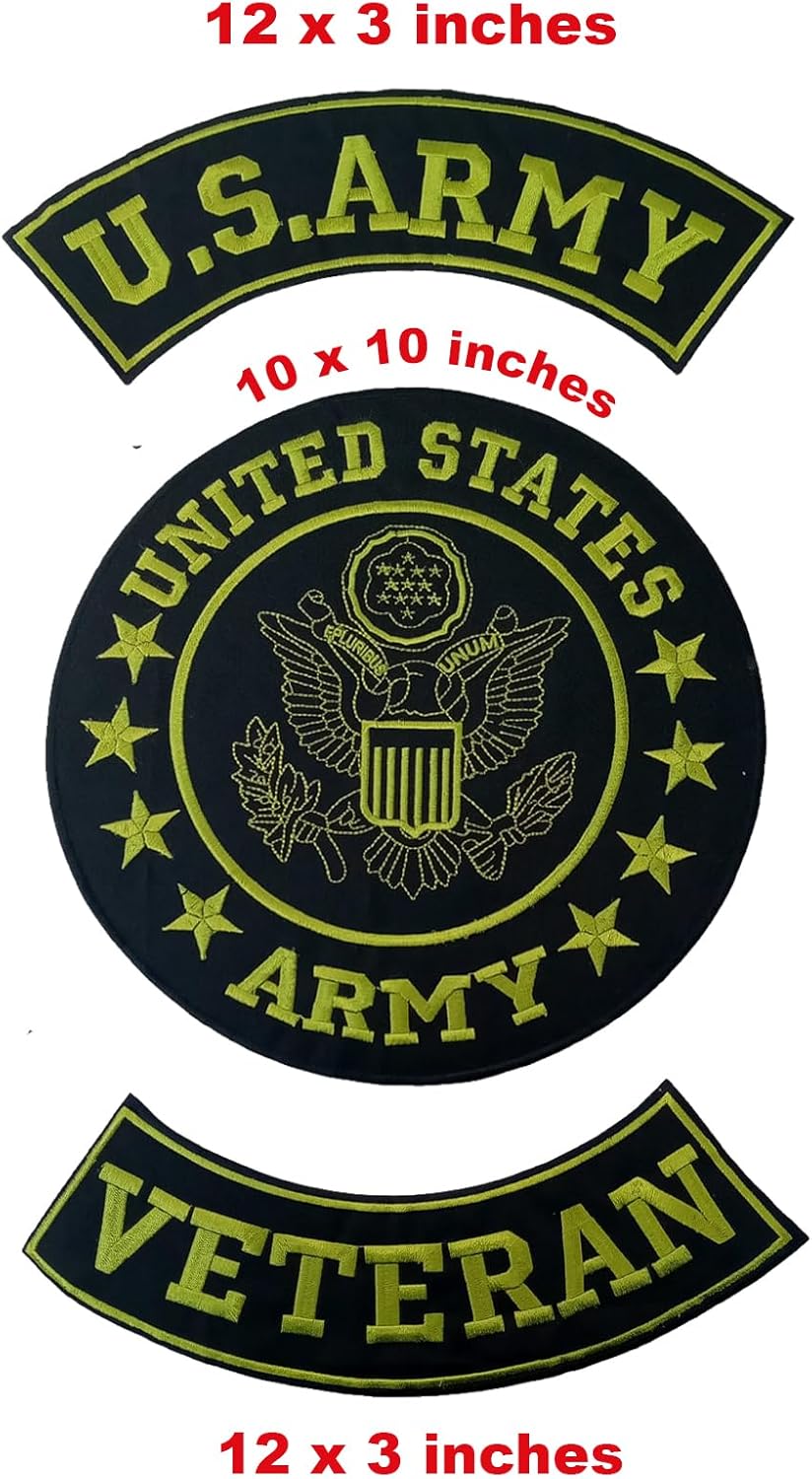 U.S Army Veteran Patch Set - 3 Pieces - Embroidered - Iron On or Sew On Jacket or Vest (Green), Large