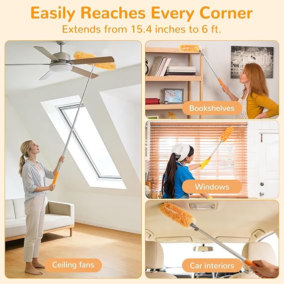 6 ft Heavy Duty Extendable Duster Handle with 50 Refills for Swiffer Duster, 360 Multi-Surface Dusters with 4X Cleaning Power for Home, Ceiling Fans, Windows, Dusting Hard-to-Reach Areas (Orange)