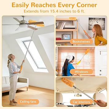 6 ft Heavy Duty Extendable Duster Handle with 50 Refills for Swiffer Duster, 360 Multi-Surface Dusters with 4X Cleaning Power for Home, Ceiling Fans, Windows, Dusting Hard-to-Reach Areas (Orange)