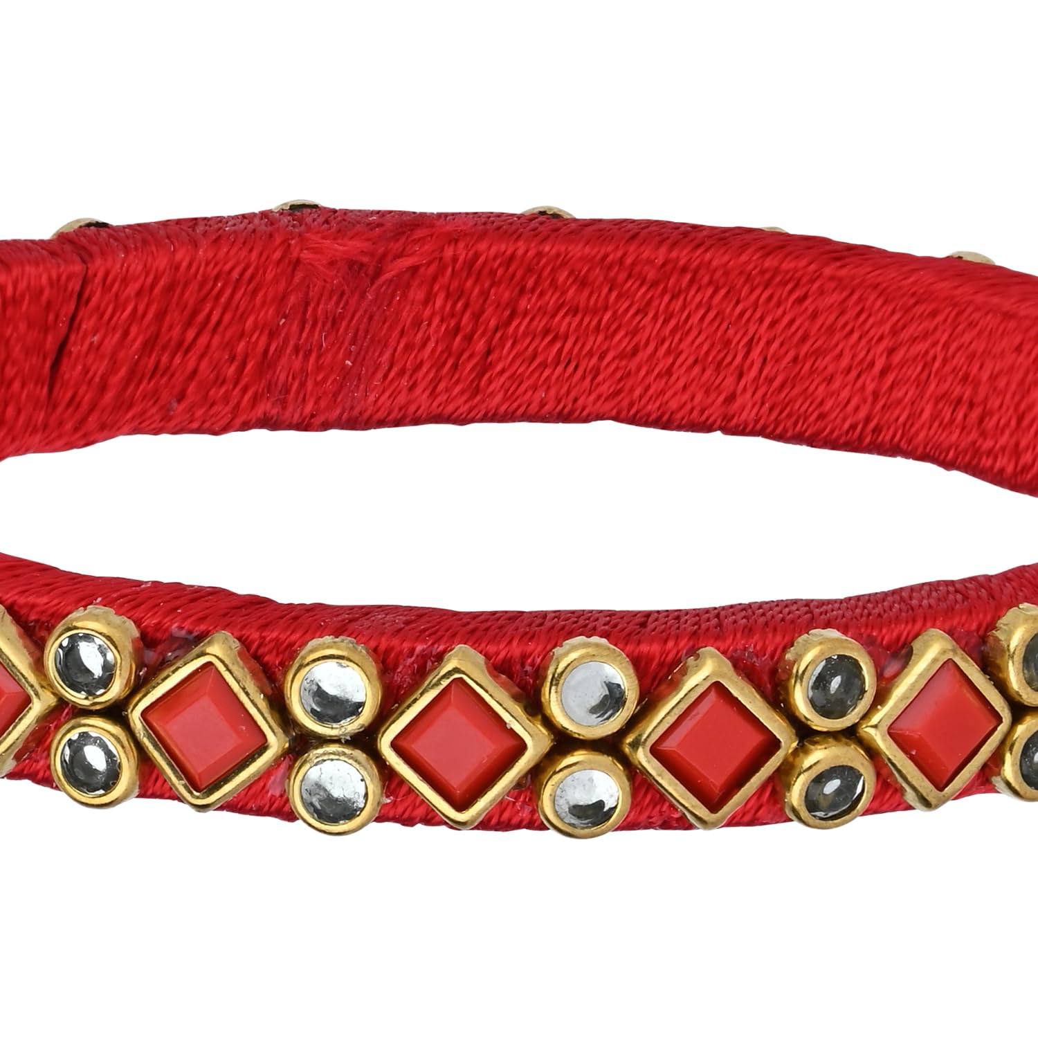 Asthetika Kids Silk Thread Square Kundan Stone Set of 4 Bangles for Girls Sizes 2.0 and 1.14 Suitable Age: 3-9 Years (Red, 1.14) 2