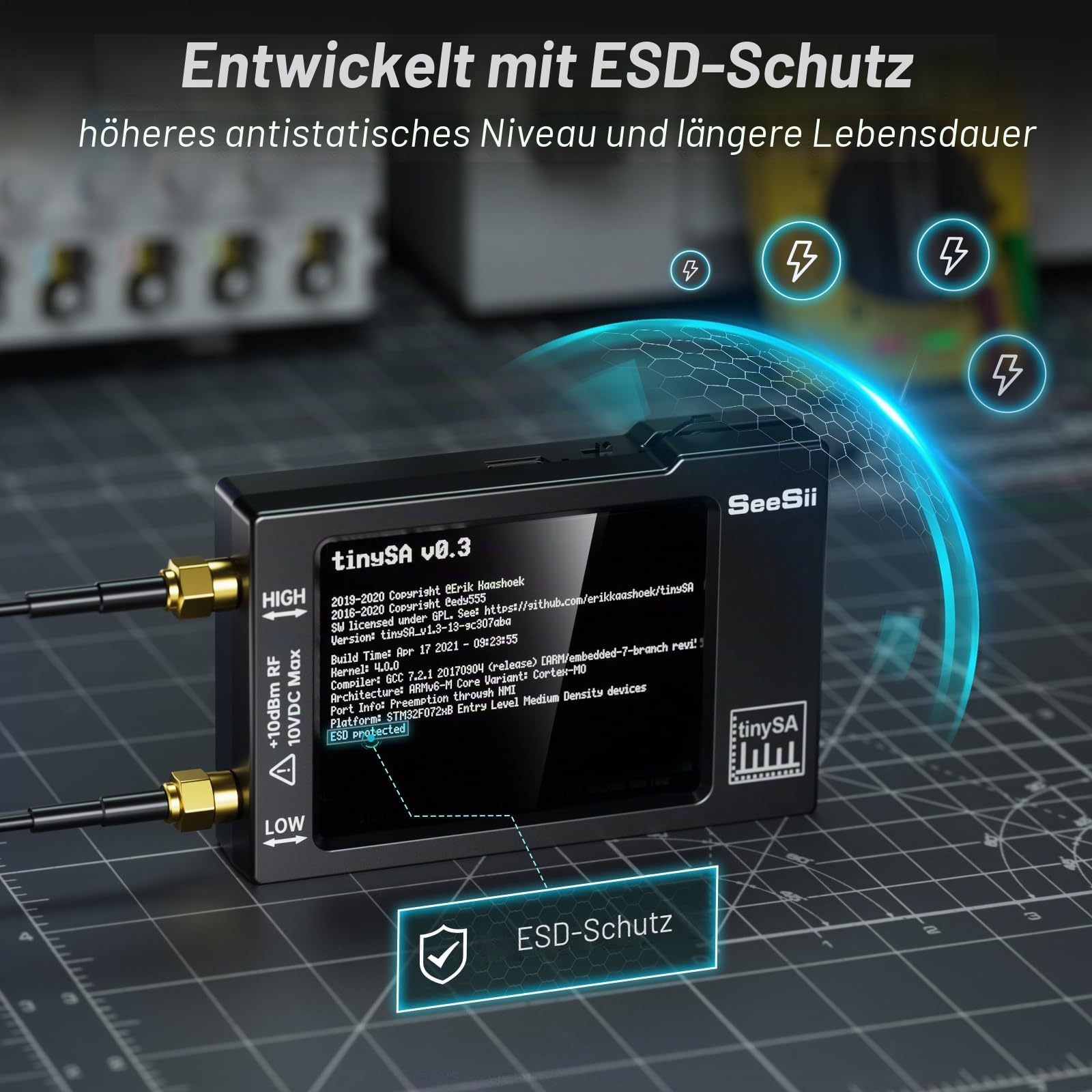 Seesii TinySA Spektrumanalysator - 2,8 Zoll Spectrum Analyzer 100 kHz - 960 MHz Eingang MF HF VHF UHF, Signalgenerator Frequenzanalysator mit Touchscreen mit ESD-Geschützte