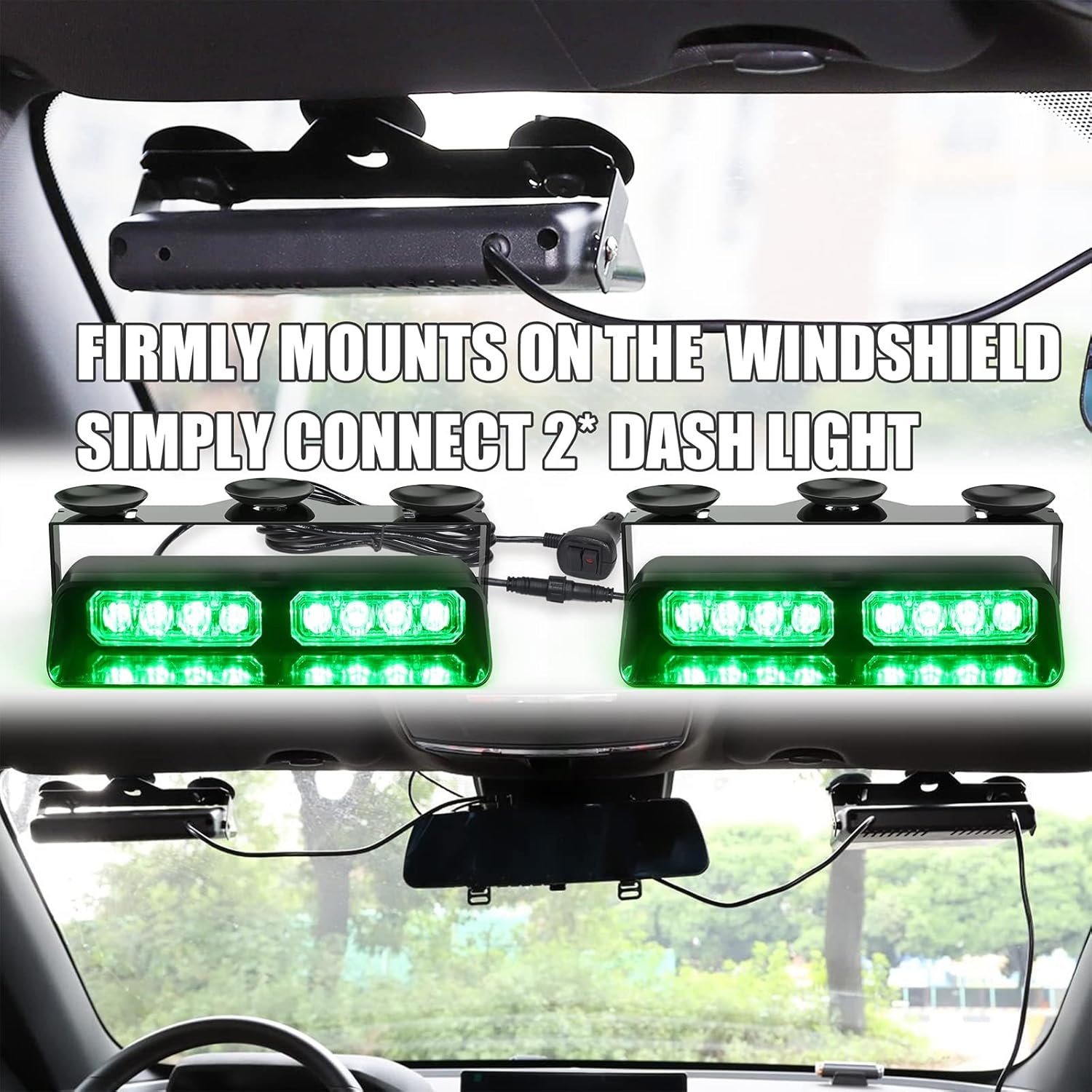 WINECO 2 in 1 Green Emergency Dash Strobe Lights Interior Windshield Warning Safety Flashing Lights Law Enforcement w/Suction Cups for Volunteer Police Vehicles, Trucks (2×7.16 inch, 16 LED)