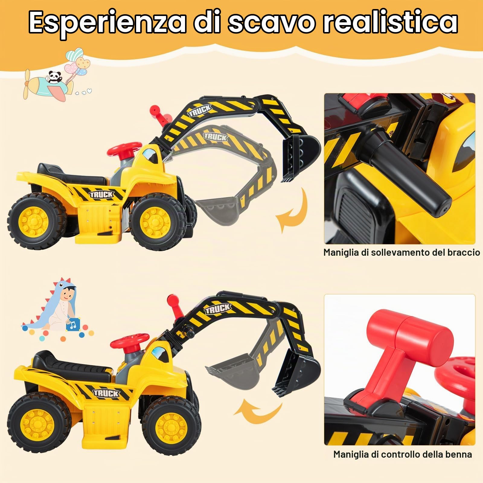RELAX4LIFE Escavatore Elettrico per Bambini, con Benna Regolabile, Vano Nascosto, Suoni, Effetti Sonorie Canestro Nascosto e 3 Basket, per Bambini, Portata di 25KG, 2 Anni+ (MODELLO 2)