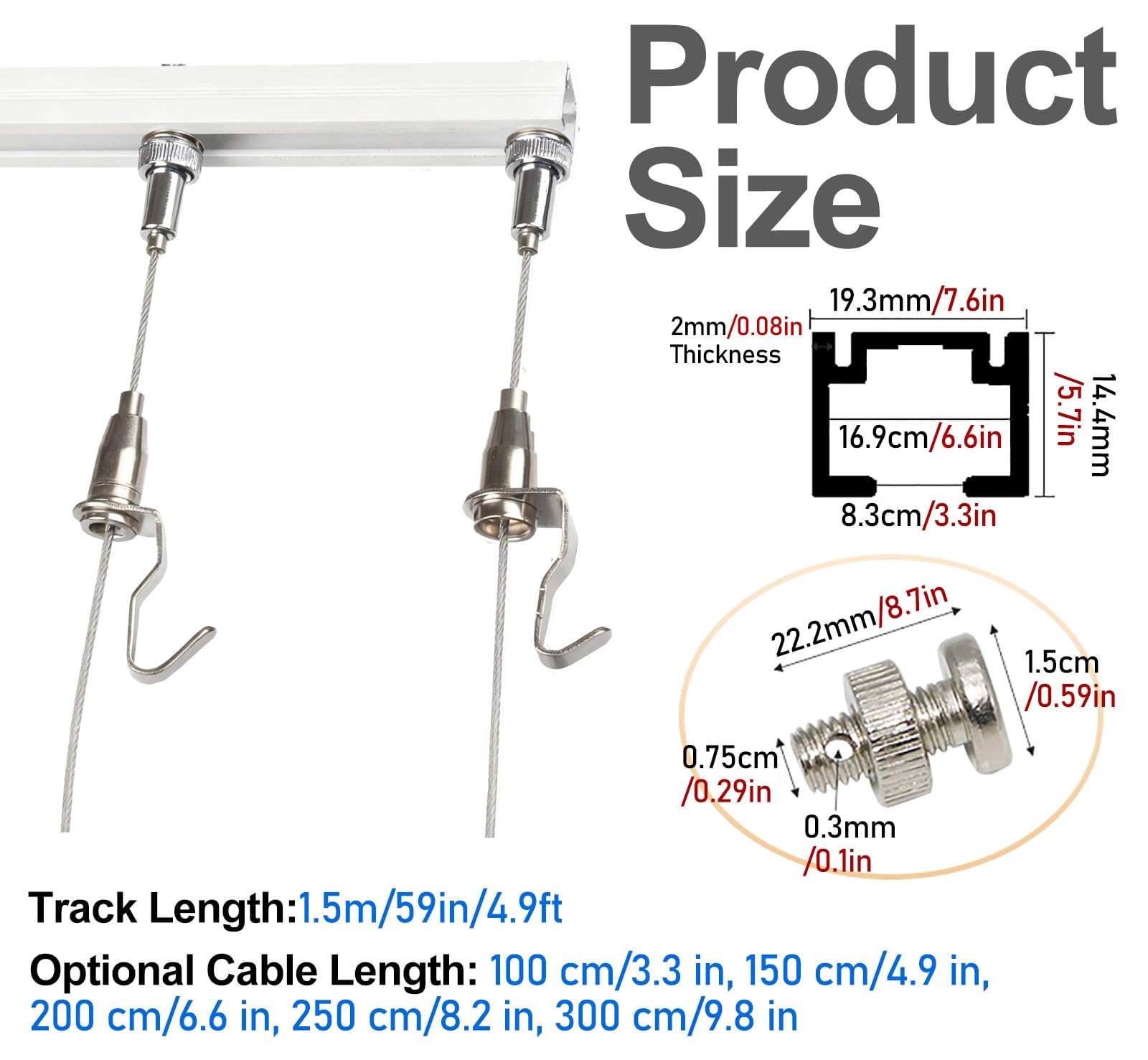 Cimaise Système de suspension de tableaux de 1,5 m, kit de rail décoratif réglable pour galerie, rail d'affichage photo robuste pour bibliothèques(White,4.9 ft/1.5 m cable(3 hooks))