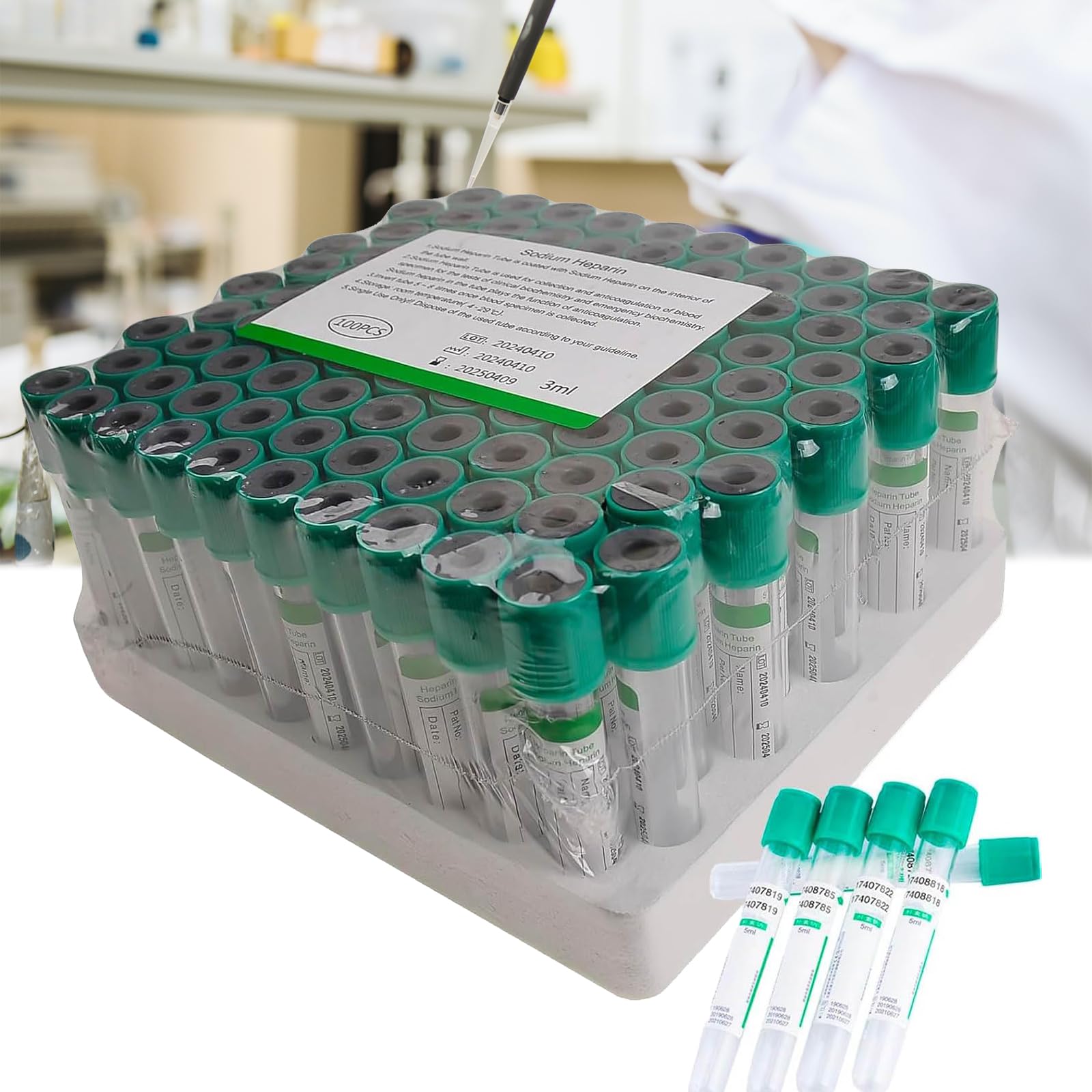 100 szt. szklanych probówek próżniowych (3 ml/5 ml/10 ml), zestaw probówek do pobierania krwi żylnej, probówki do próżniowego pobierania krwi z heparyną litową, materiał PET,5ml