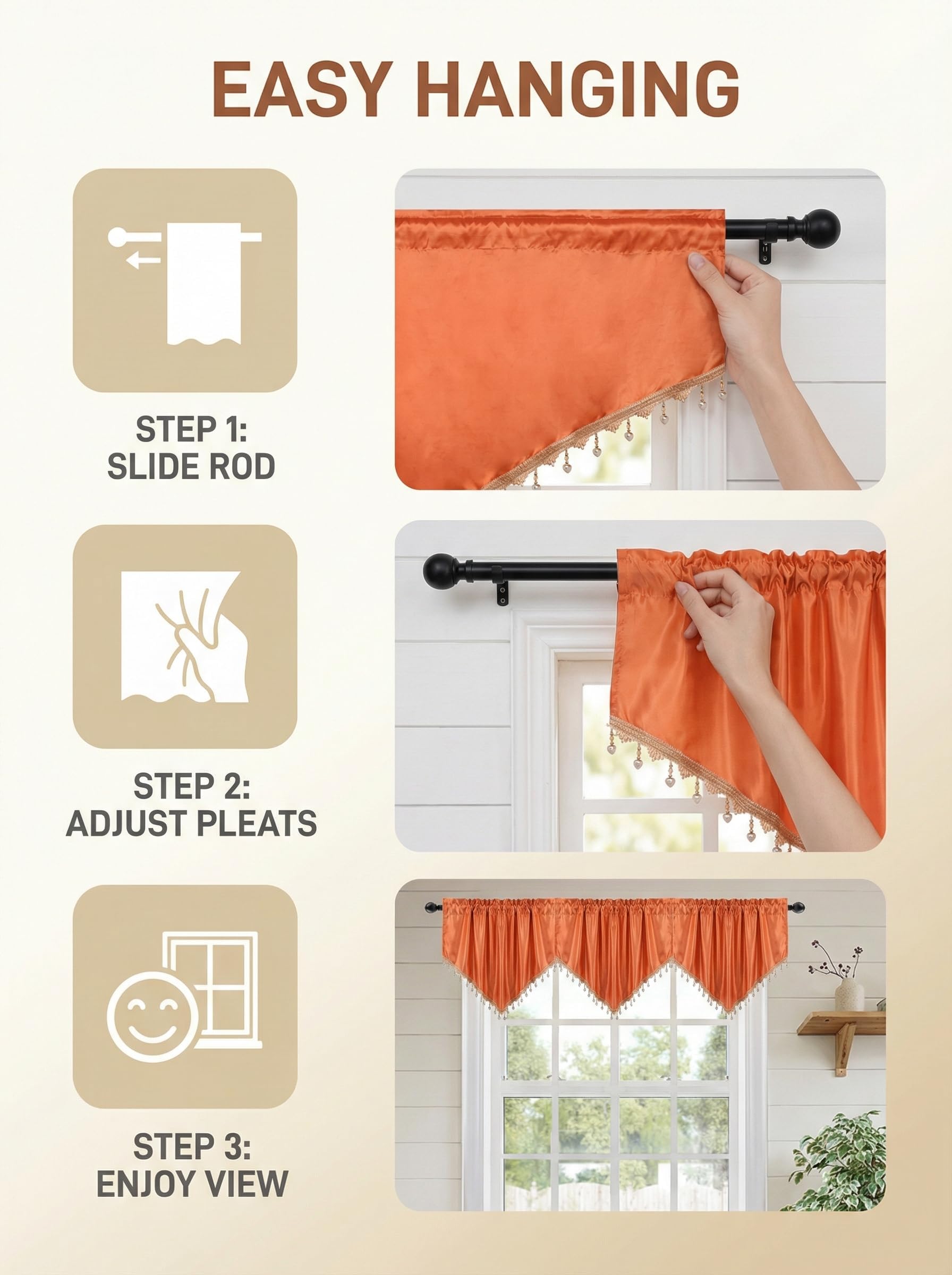 Molaxhome Swag Curtain Scalloped Curtain Valance Drape Sheer Lace Panel 1pc, Cloth Orange, W 51.2" x L 23.6" (1 Panels) - Image 3