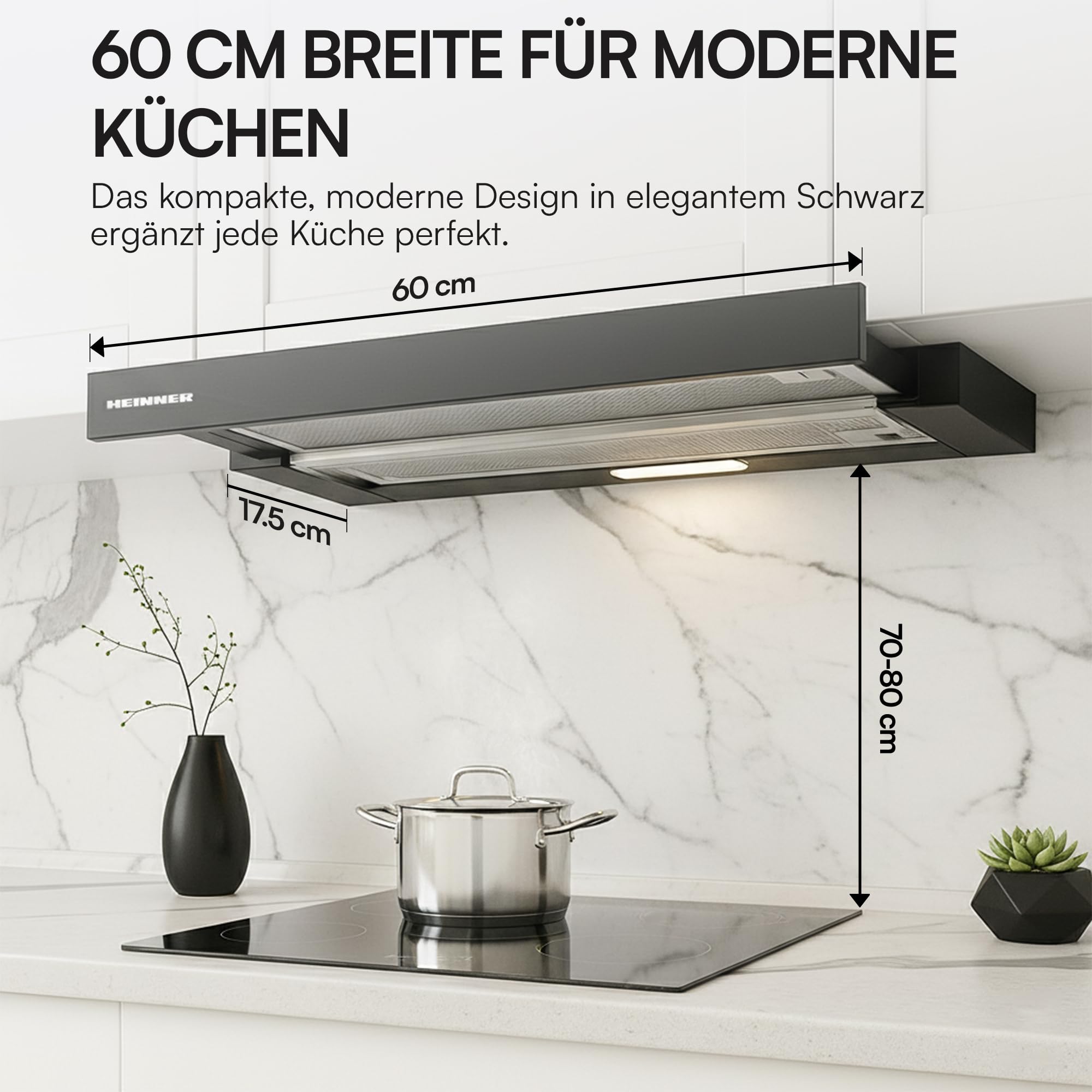 HTCH-MD400IX 60 cm Teleskop-Unterbau-Dunstabzugshaube 400 m³/h LED-Beleuchtung Silber Waschbare Filter