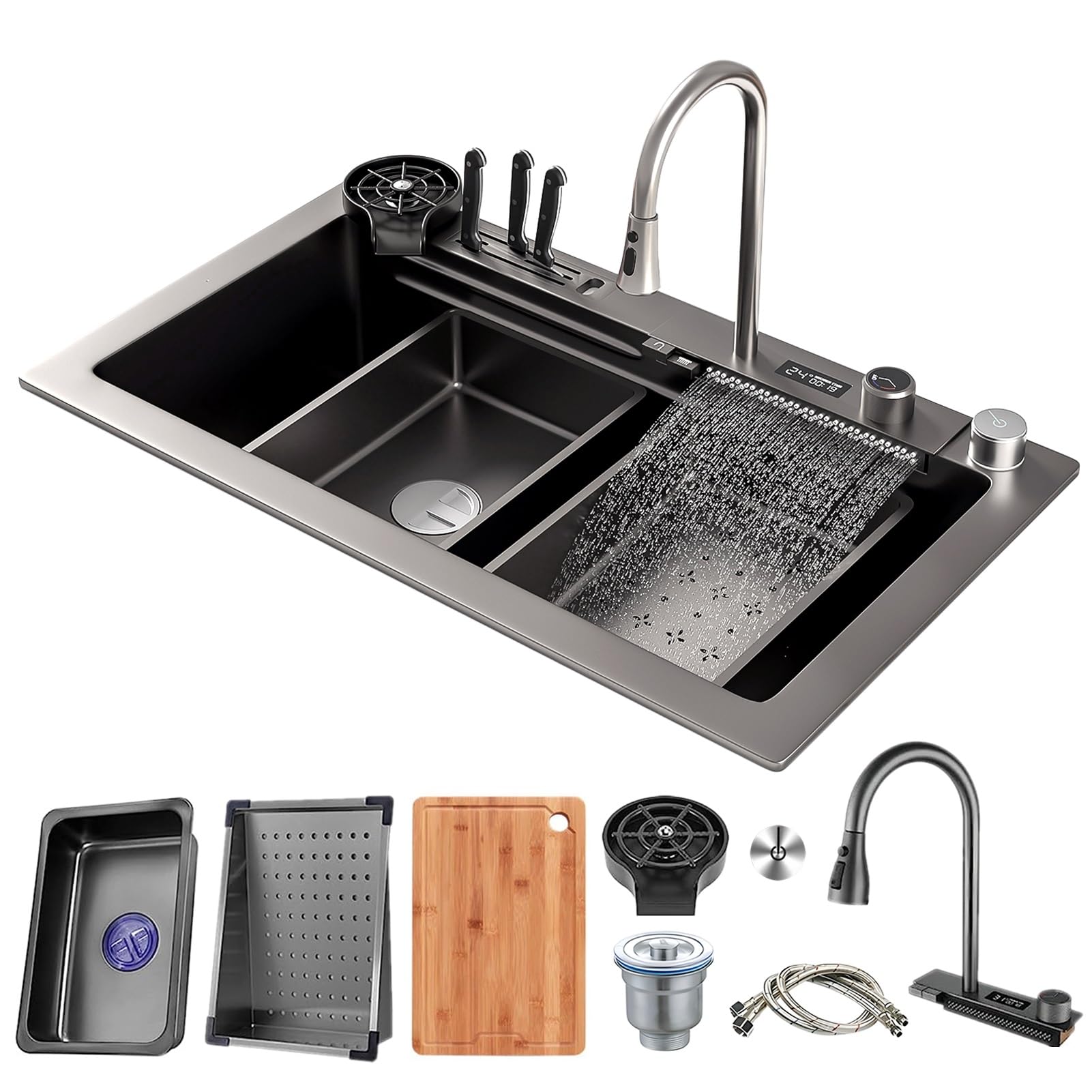 ZQFHSX Multifunctional Waterfall Kitchen Sink, With Pull Out Faucet, Cup Washer, Knife Holder & Drain Set, Stainless Steel Workstation Single Bowl Bar Sink(75x45x22cm)