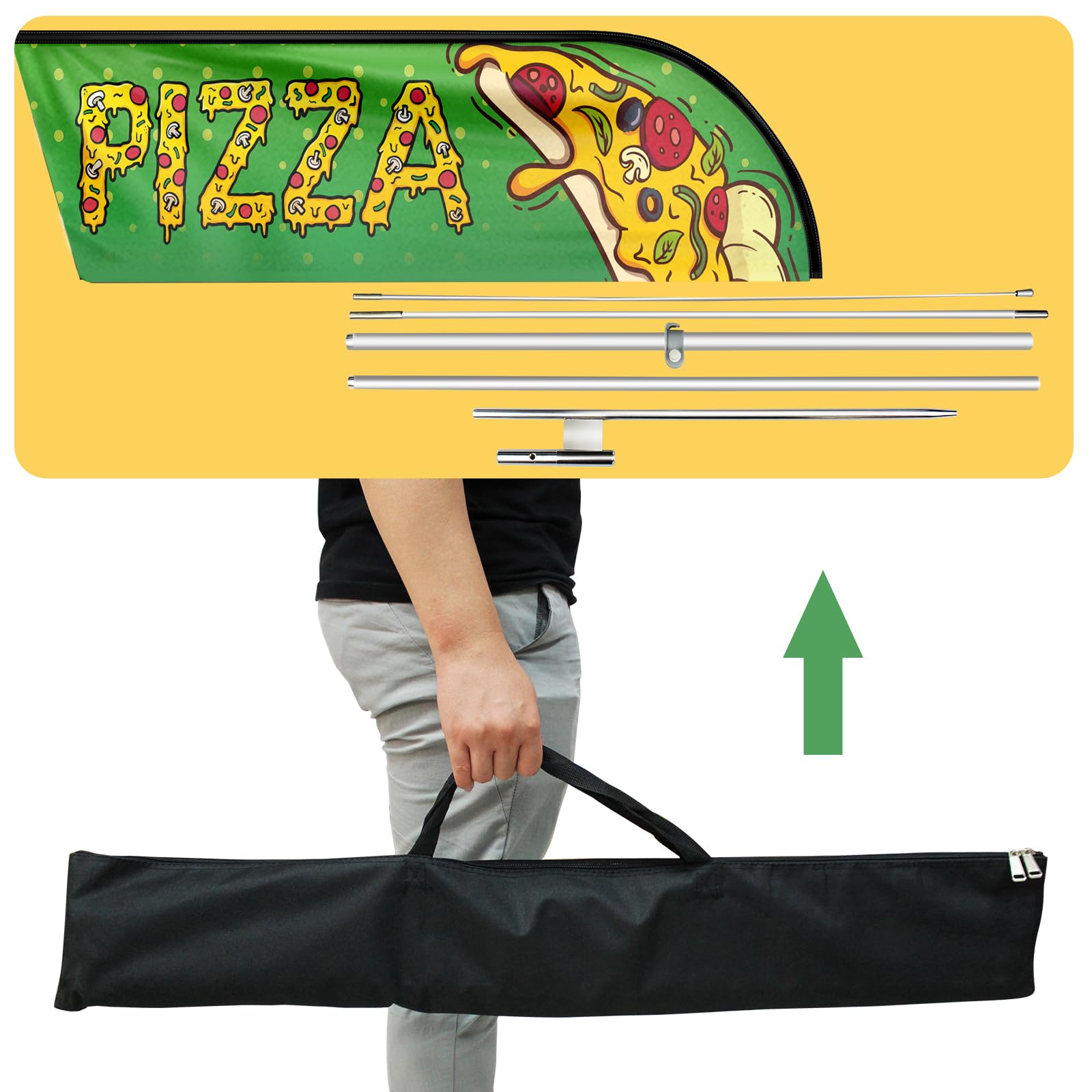 Pizza-Swooper-Flagge, 3,4 m Pizza-Werbeflagge mit Stangen-Set, Erdspieß, Pizzaschilder, Federflagge für Unternehmen und Schaufenster (Stil 2)