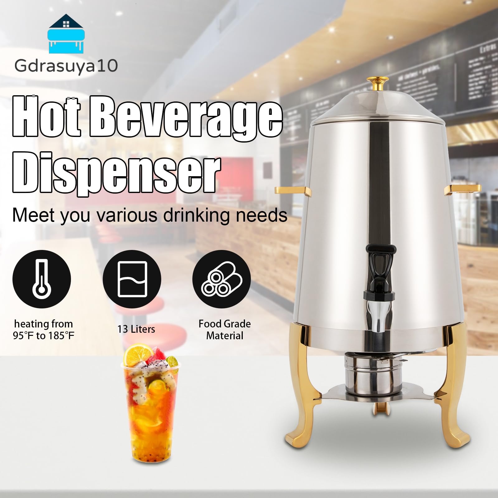 Coffee Urn With Fuel Holder, 13L Stainless Steel Beverage Dispensers can Continuous heating-Tea Water Coffee Chafer Urn for Parties Buffet Catering Hot & Cold Drinks (Gold Electric)