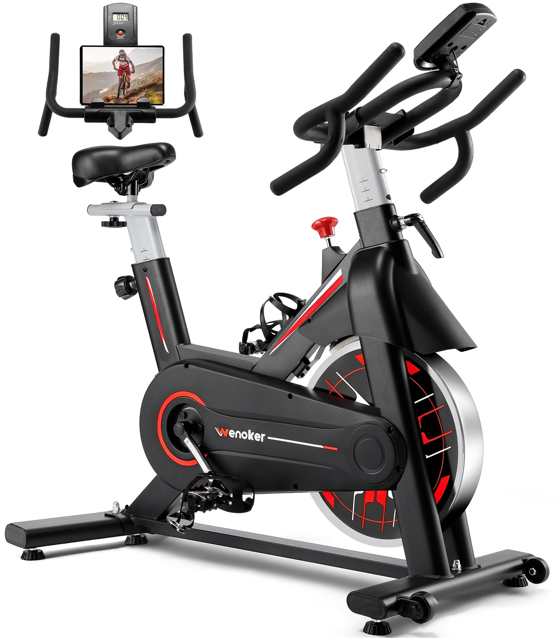 Exercise Bike, Wenoker Stationary Bike for Home, App Supported Indoor Bike with Adjustable Seat and Multi-grips Handlebar, Transport Wheels and Fitness Courses for Weight Loss