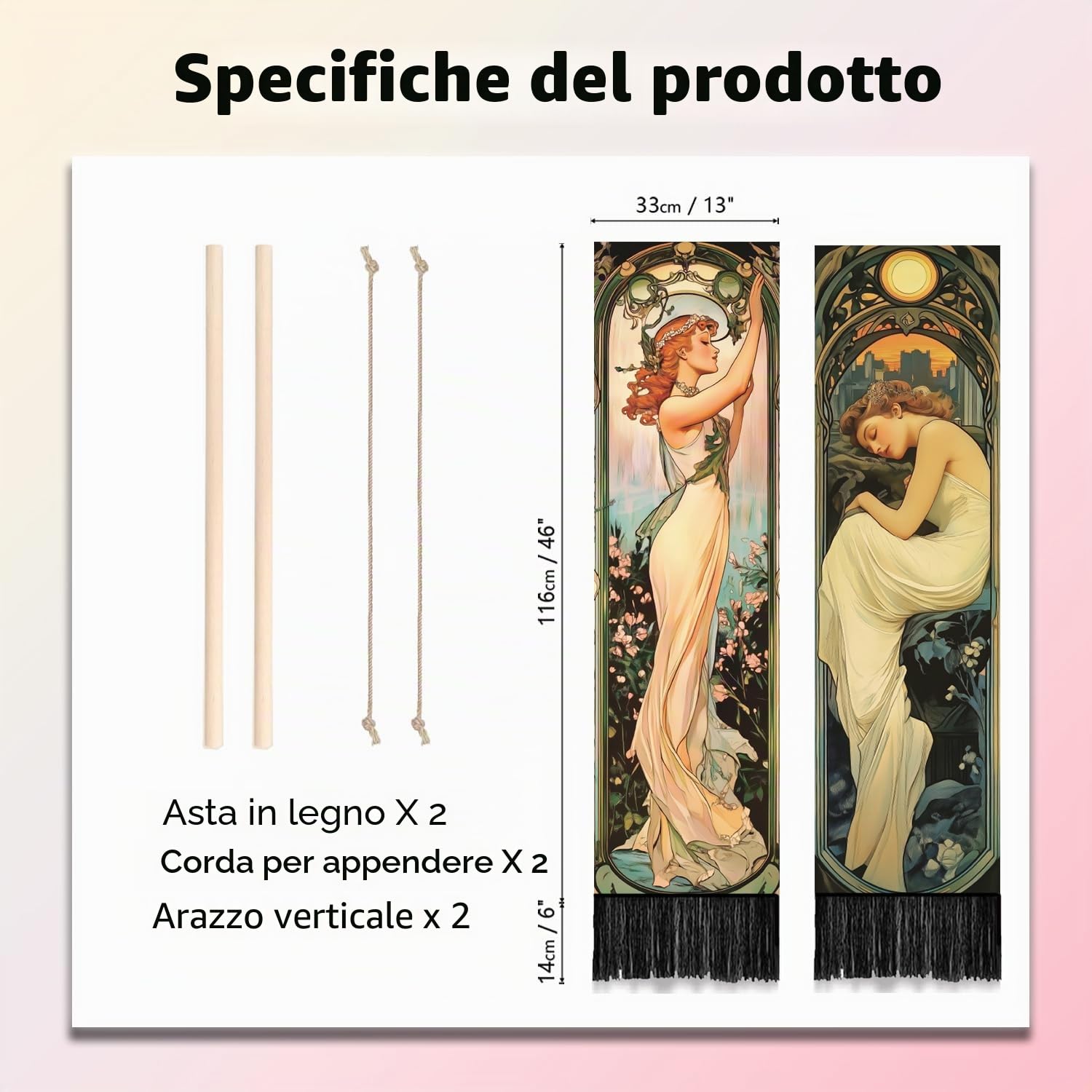 PLIGREAT Confezione da 2 arazzi verticali in stile Art Nouveau Poster estetico da parete per camera da letto, bagno, vintage, lungo, stretto, per camera da letto, camera da letto, casa, arte