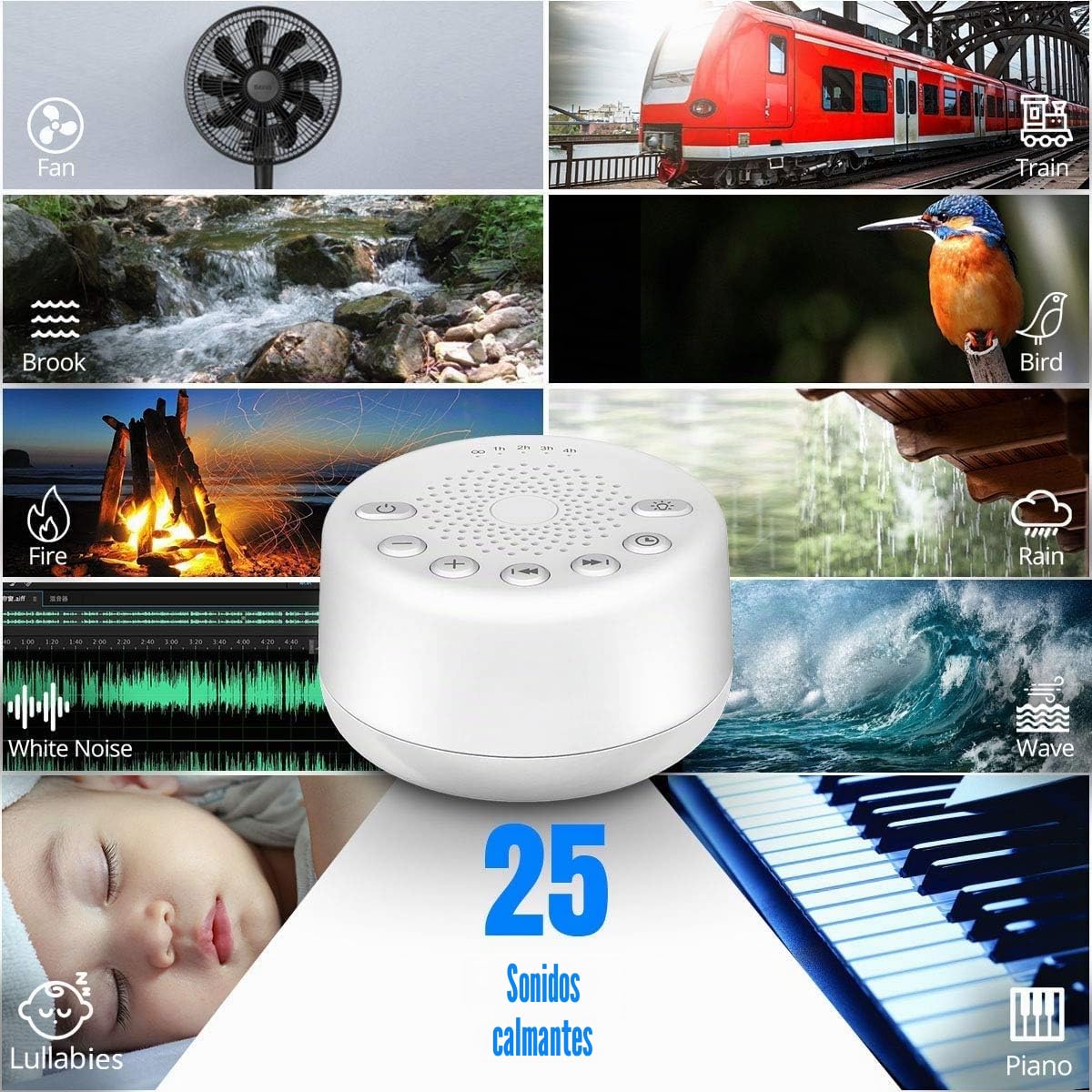 Easysleep - Máquina de ruido blanco con 25 sonidos relajantes y luces nocturnas con 32 niveles de volumen y 5 temporizadores Función de memoria para adultos, bebés y niños (blanco)