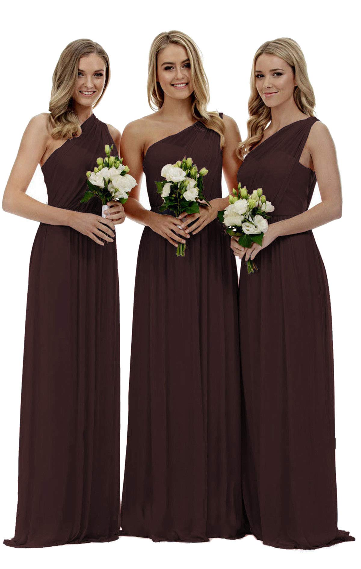 WTW Women's One-Shoulder Lace Chiffon Formal Evening Party Gown Bridesmaid Dress-Chocolate-16