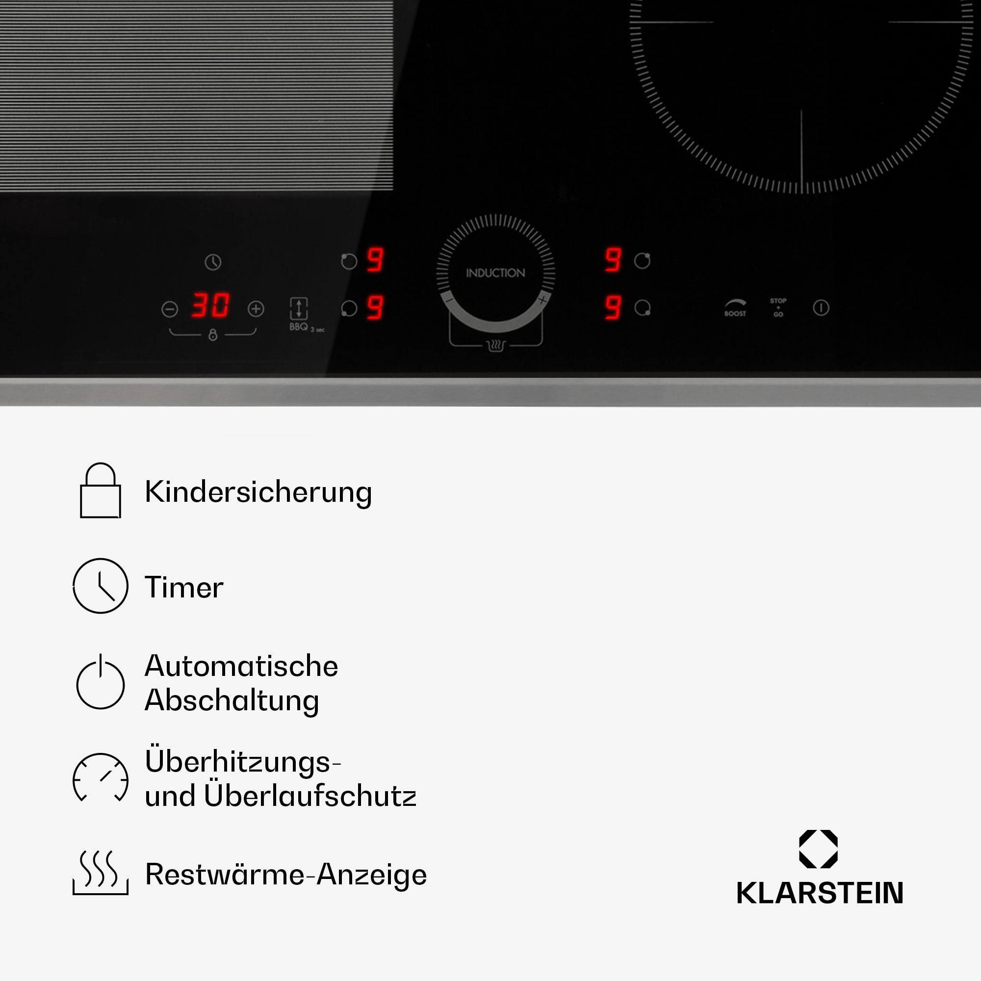 Klarstein Induktionskochfeld - Glaskeramik Einbau-Kochfeld Mit 4 Platten, Touch-Display, Digitalanzeige, Timer-Funktion, Schnelles Aufheizen - 7000 Watt