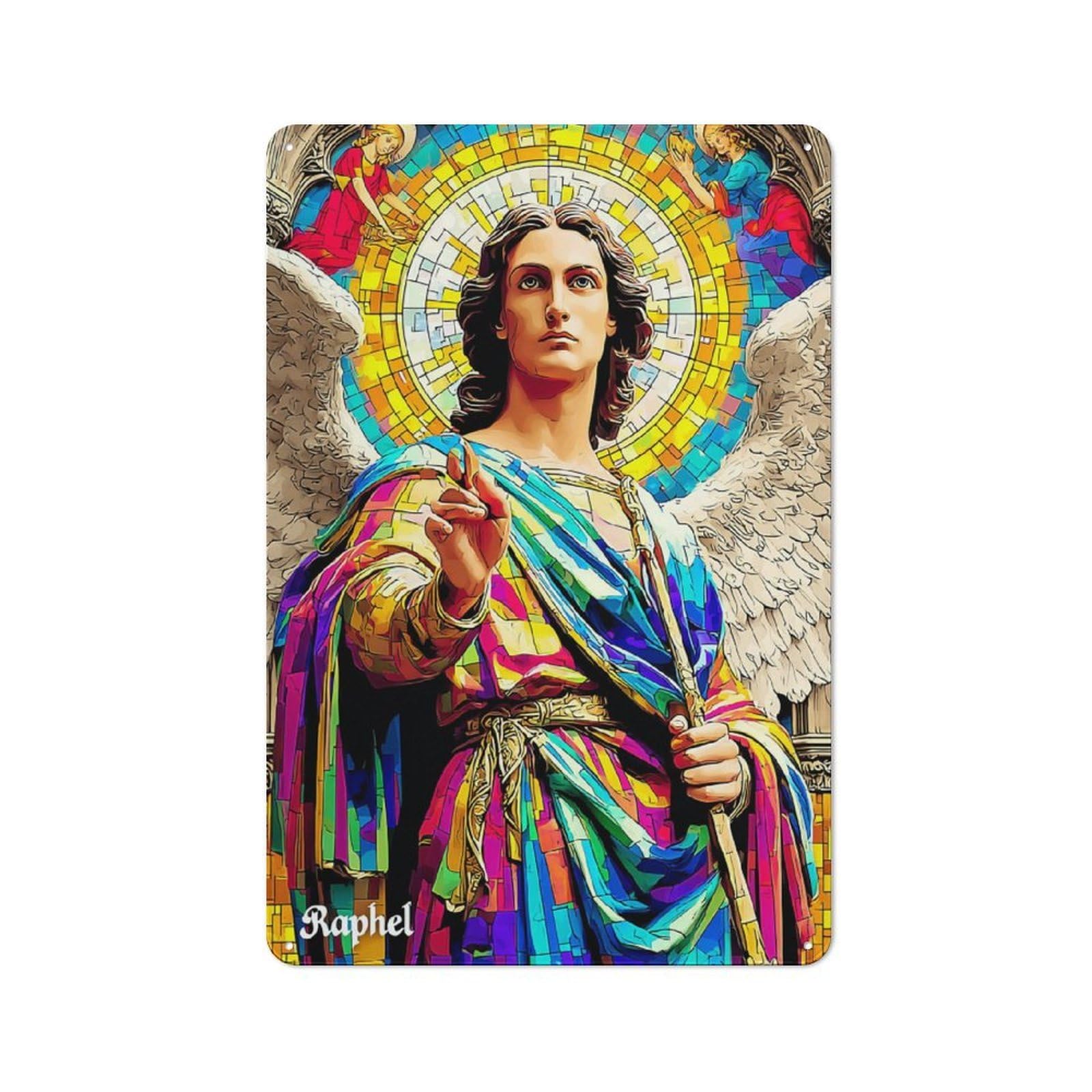 Junmoney Stained Glass Angel Raphael Rustic Metal Wall Sign 30X20cm For Kitchen Or Home Bar, Suited To Home Bar Enthusiasts