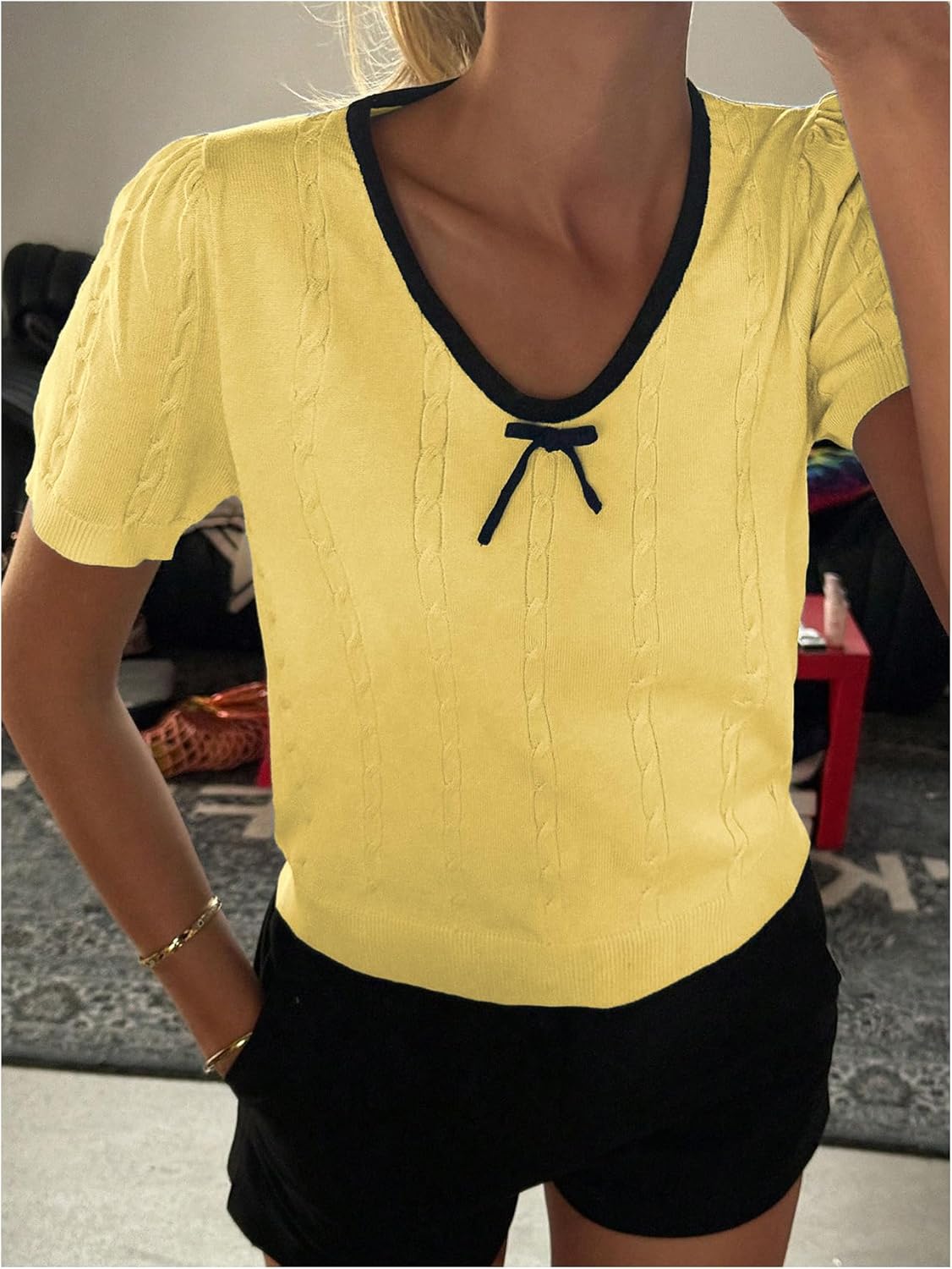 SOLY HUX Women's Ribbed Sweater Bow Crew Neck Short Sleeve Knit Pullover Fall Casual Going Out Tops - Image 3