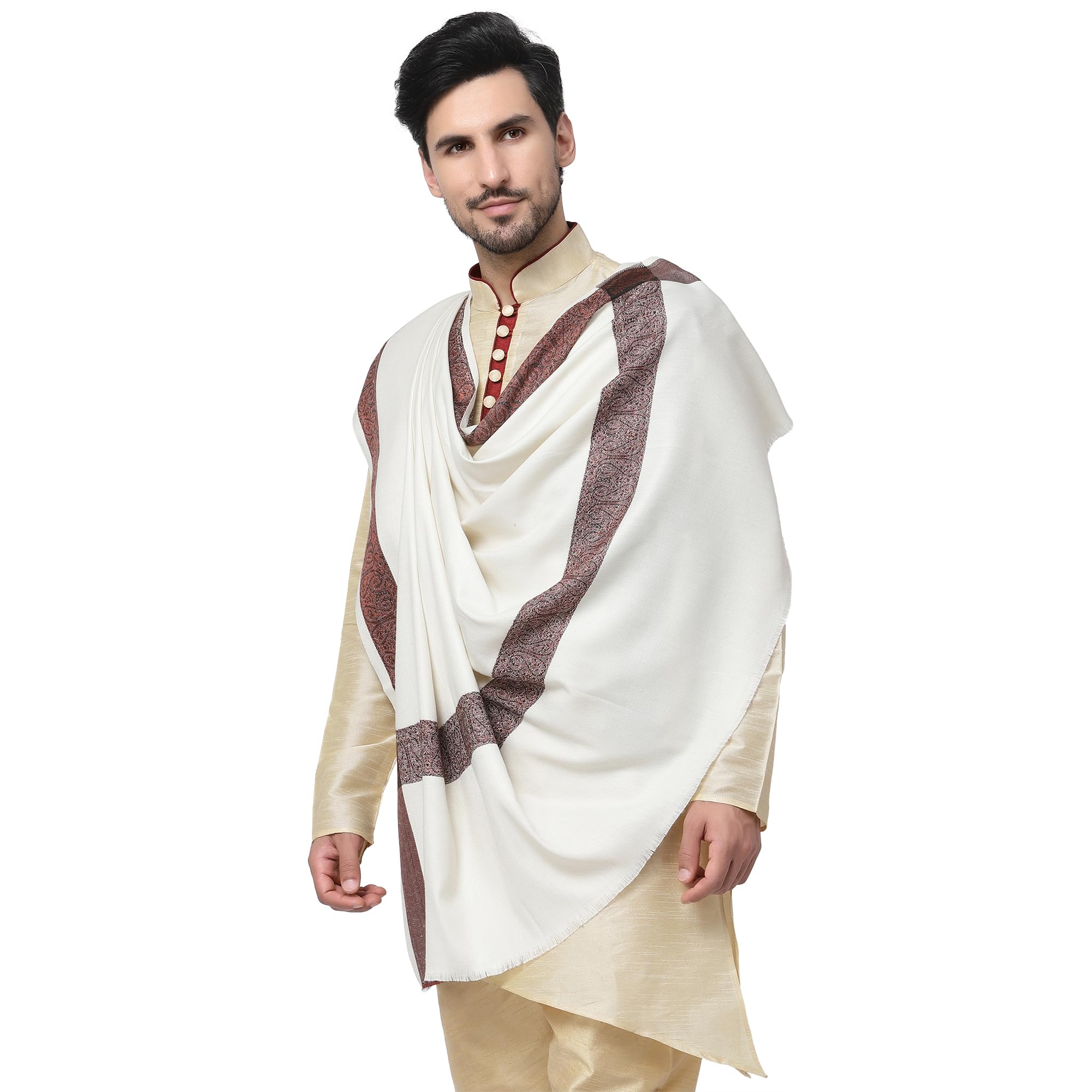 Men's Woven Border Beige Woolen Lohi/Shawl [50" X 100"]-image-3