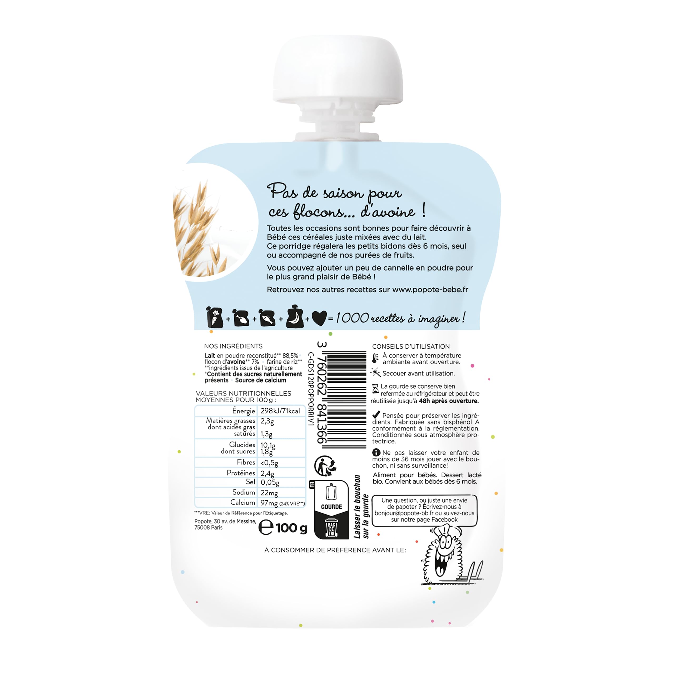 POPOTE - Porridge Bio Bébé - Dès 6 mois - Brassé Flocon Avoine, Lait Poudre - Gourde Individuelle - Texture Onctueuse - Format Pratique à Emporter - Produit en France - Pack Familial 10 x 100 g